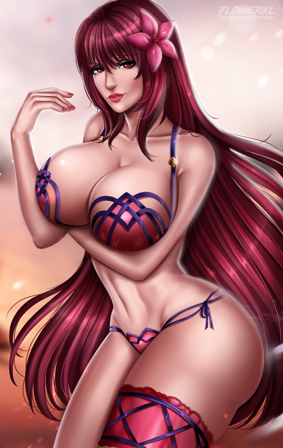 bra, breasts, cleavage, fate (series), fate/grand order, female, female only, flowerxl, large breasts, looking at viewer, panties, scathach (fate), scathach (swimsuit assassin), solo, thighhighs