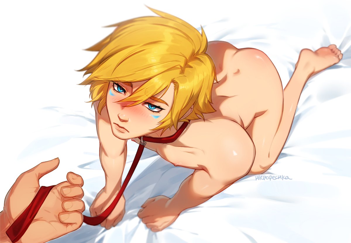 1boy, blonde hair, blue eyes, blush, blushing, commission, disembodied hand, ezreal, face markings, hands and knees, hlepopechka, league of legends, leash, leash and collar, looking at viewer, looking up, male, male only, nipples, nude, nude male, on bed, on hands and knees, on knees, twink, watermark