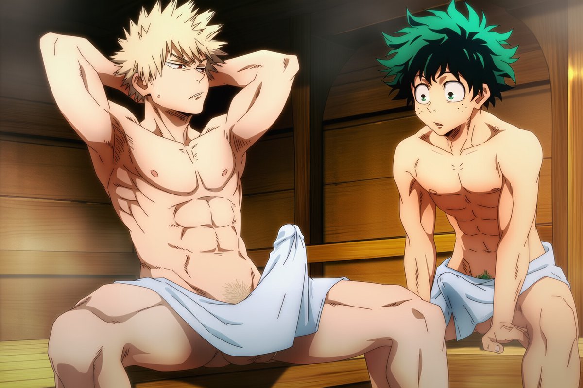 abs, ai generated, bakugou katsuki, blonde hair, bulging, gay, green hair, izuku midoriya, katsuki bakugou, midoriya izuku, my hero academia, pecs, pubic hair, sauna, towel, towel only, yaoi