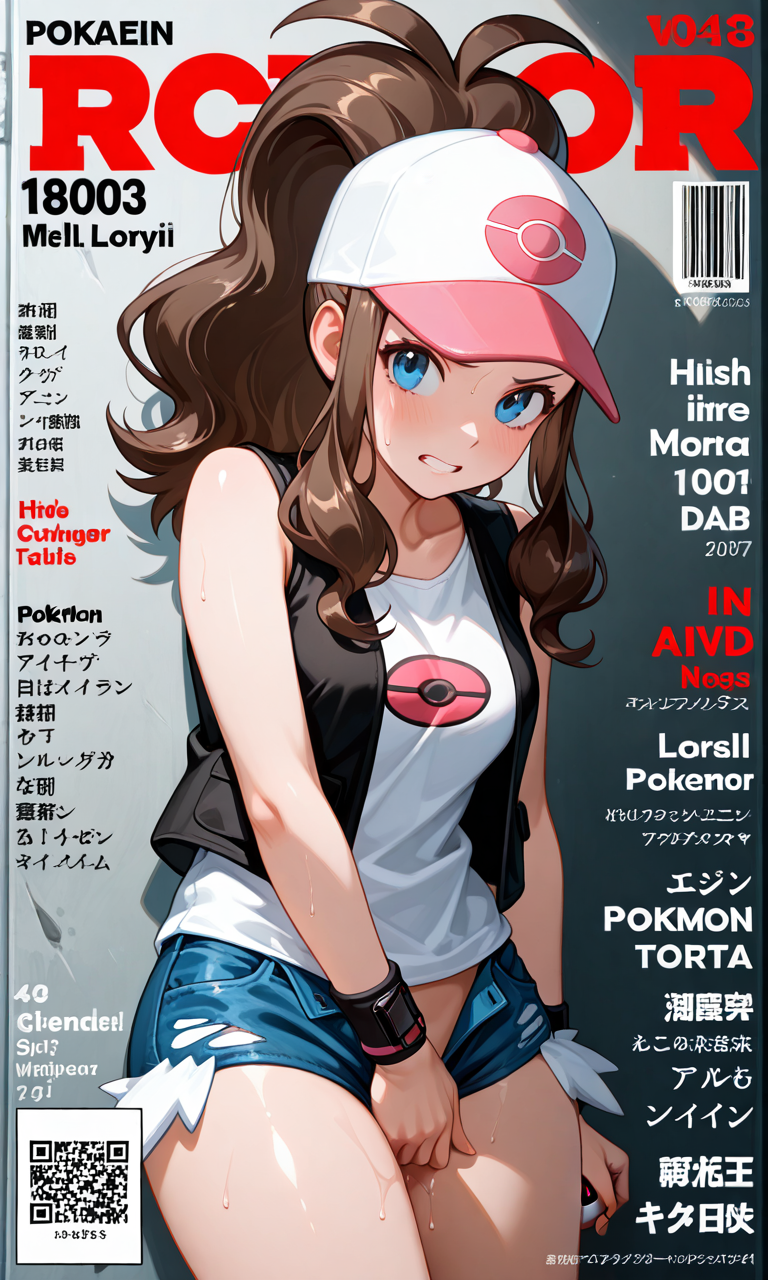 ai_generated bike_shorts blush caught caught_cumming caught_in_the_act caught_masturbating embarrassed gritted_teeth hilda_(pokemon) in_public masturbation pokemon pokemon_bw