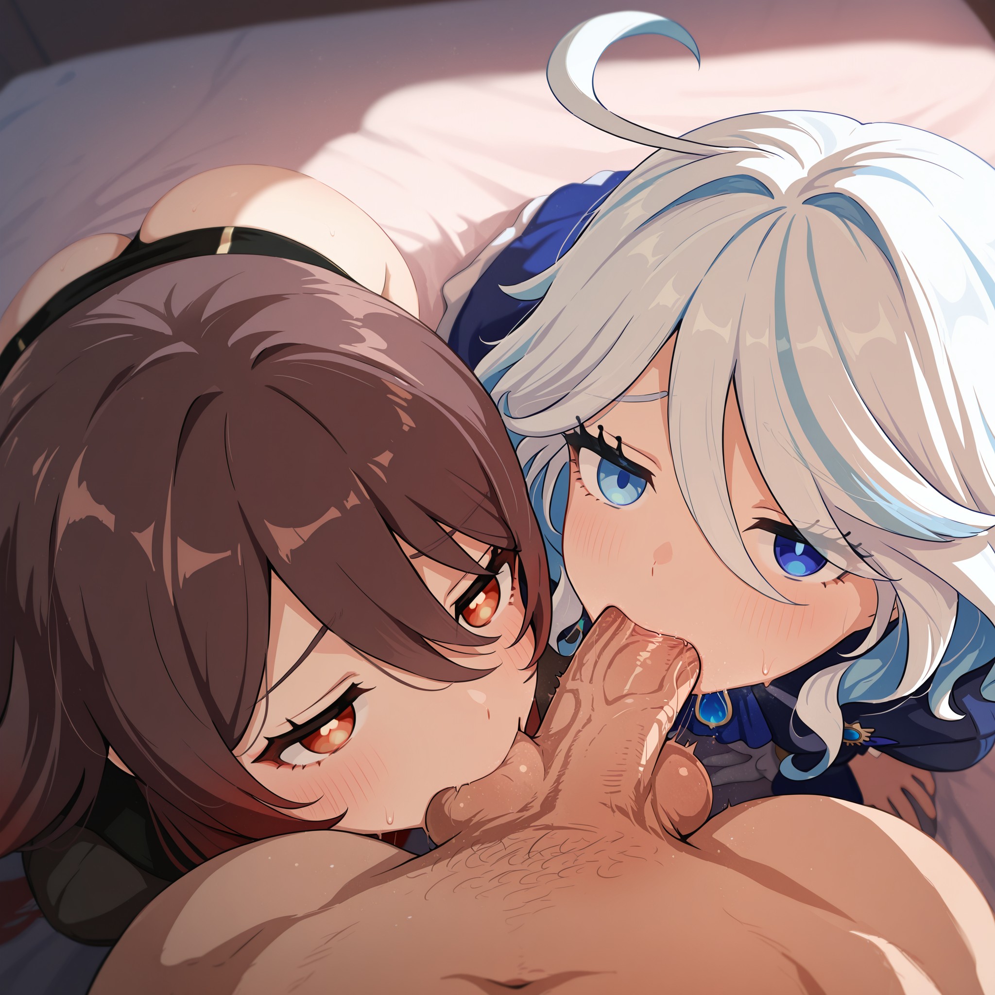 1boy, 2girls, ahoge, ai generated, balls, balls sucking, black headwear, blue eyes, blue hair, blue headwear, blush, brown hair, cooperative fellatio, erection, fellatio, female, ffm threesome, flower, flower-shaped pupils, furina (genshin impact), genshin impact, group sex, hair between eyes, hat, hat flower, hu tao (genshin impact), hu-tao (genshin impact), light blue hair, long hair, looking at viewer, male, multicolored hair, multiple females, multiple girls, oral, penis, plum blossoms, porkpie hat, pov, pov crotch, red eyes, straight, symbol-shaped pupils, teamwork, testicles, threesome, top hat, uncensored, veins, veiny penis, white hair