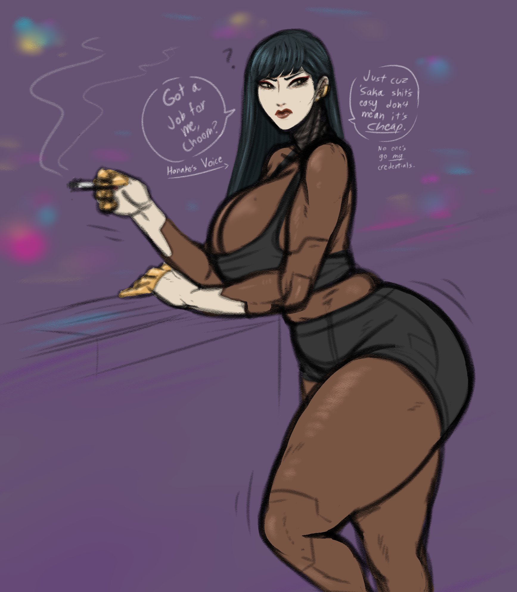 black hair, black tank top, body part swap, breasts, cyberpunk 2077, cyborg, dark skin, dark-skinned female, female, franktonius, hanako arasaka, head swap, huge breasts, light skin, light-skinned female, long hair, multicolored skin, pale skin, pale-skinned female, red lips, skin tone mismatch, tank top