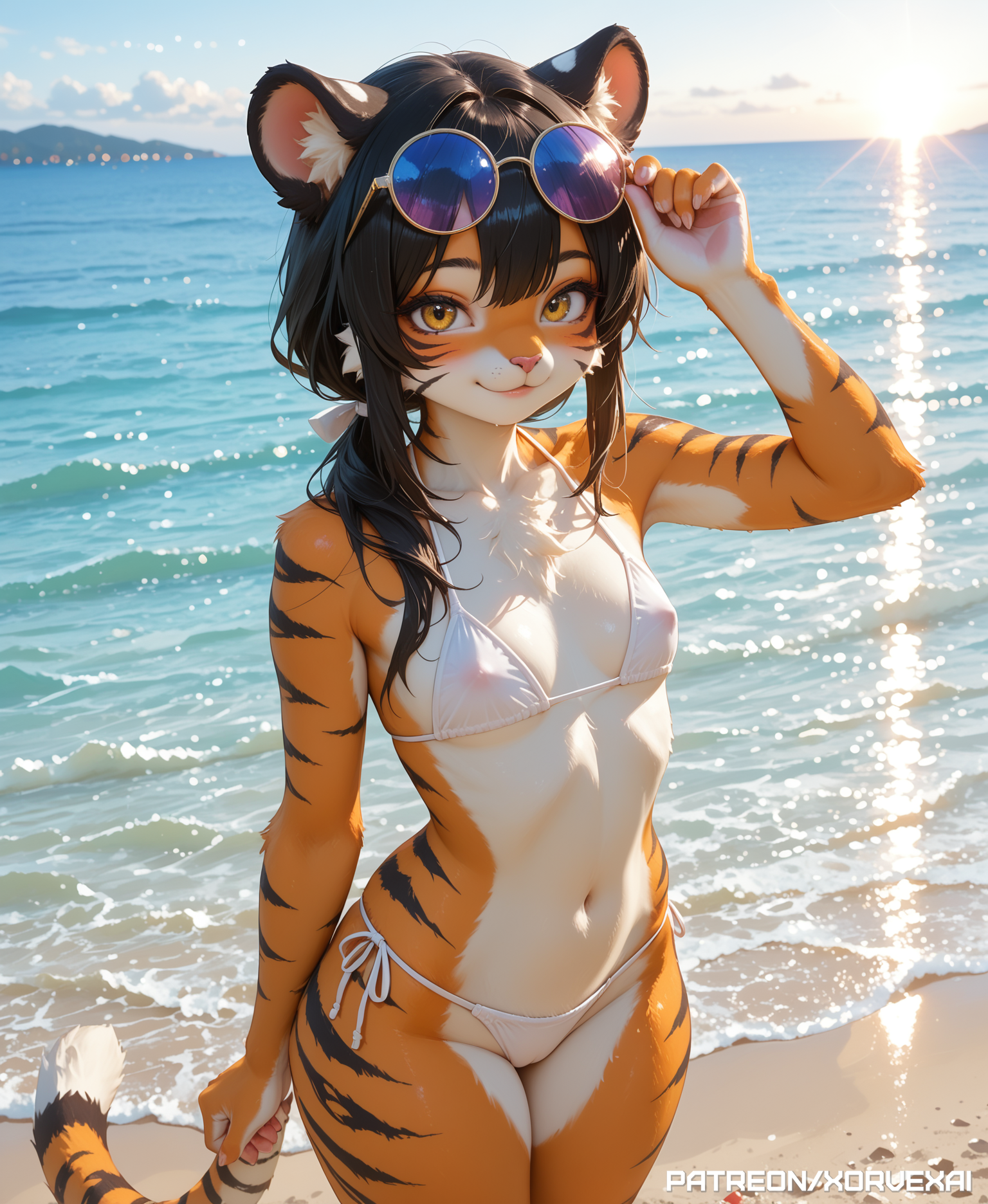absurd res, ai generated, anthro, beach, bikini, black hair, breasts, covered nipples, feline, female, fur, furry, hi res, highres, long hair, looking at viewer, low ponytail, orange fur, small breasts, solo, standing, sunglasses, sunglasses on head, tagme, thick thighs, tiger ears, tiger girl, tiger print, tiger stripes, tiger tail, white bikini, xorvexai