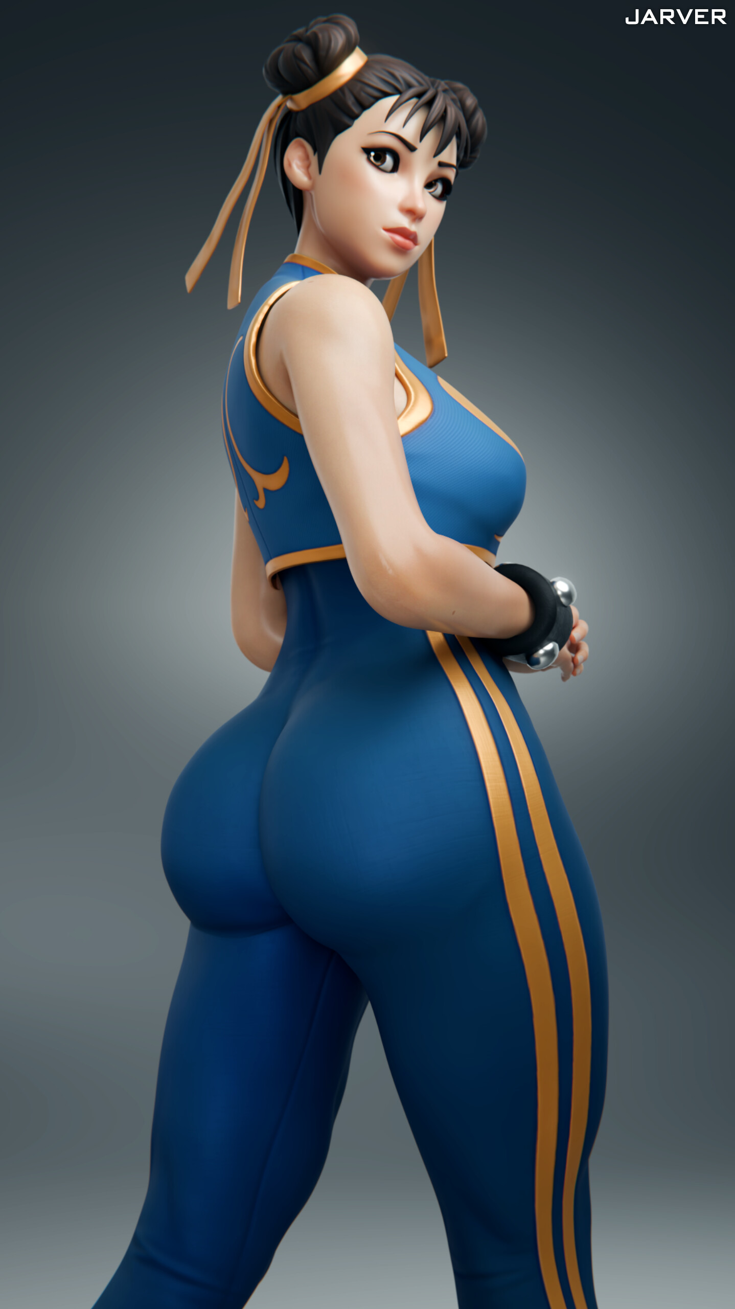 3d, 3d (artwork), ass, big ass, big butt, blender, bubble ass, bubble butt, capcom, chun-li, chun-li (fortnite), female, fortnite, jarver, solo, street fighter, tight clothing, tight fit