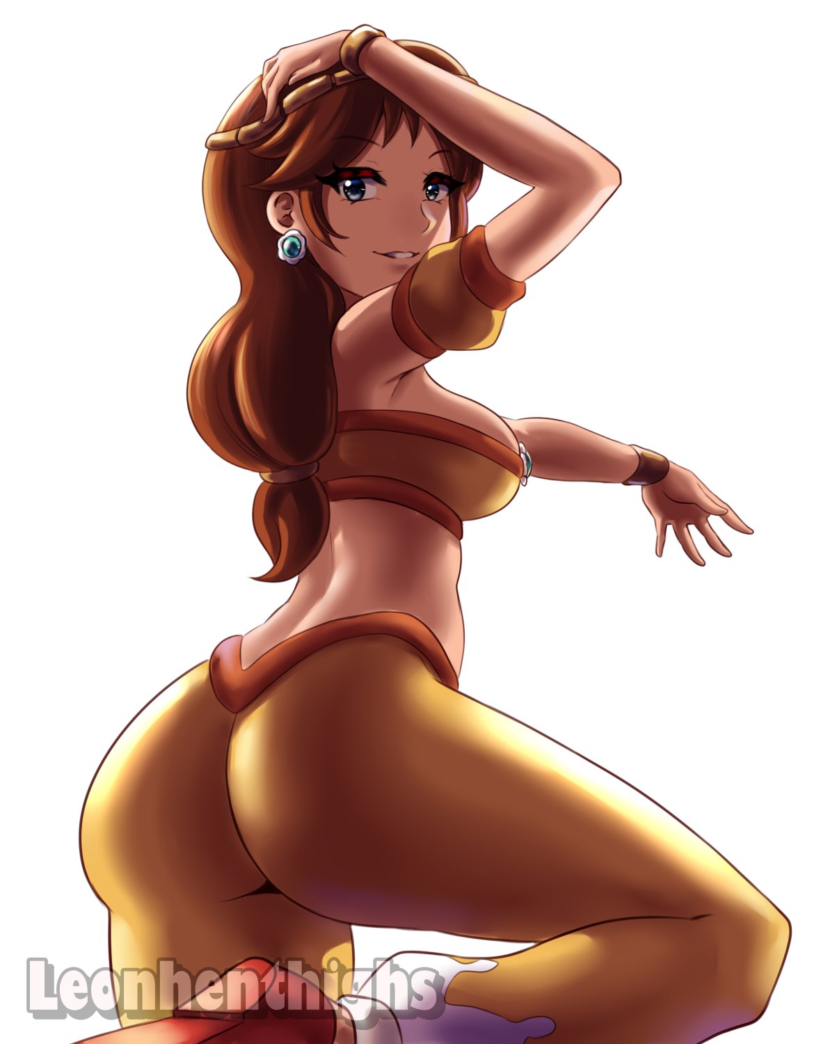 1girls, 2025, 2d, 2d (artwork), alternate version available, artist name, ass, belly dancer, belly dancer outfit, big ass, big breasts, big butt, blue eyes, breasts, brown hair, choker, clothing, dark skin, dark-skinned female, earrings, fat ass, female, female focus, female only, genie, harem pants, hoop earrings, human, human only, large ass, large breasts, leonart, looking back, looking back at viewer, mario (series), mario kart, mario kart world, midriff, open mouth, pawg, phat ass, ponytail, princess daisy, princess daisy (oasis), questionable, revealing clothes, simple background, smooth skin, solo, solo female, thick thighs, thighs, tiara, white background