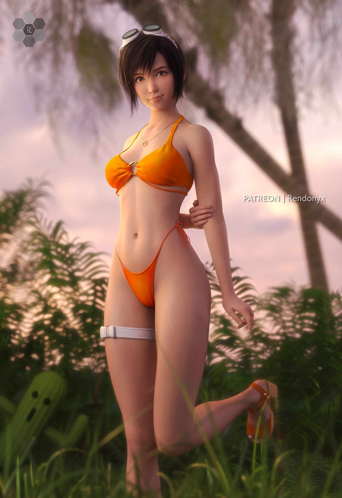 1girls, 3d, beach, bikini, bikini bottom, bikini top, black hair, brown eyes, brown-eyed female, cactuar, clothed, clothed female, female, female focus, female only, final fantasy, final fantasy vii, final fantasy vii remake, happy, happy female, light skin, light-skinned female, looking at viewer, petite, petite body, petite female, rendonyx, short hair, short-haired female, shorts, smile, smiling, smiling at viewer, solo, solo female, solo focus, yuffie kisaragi