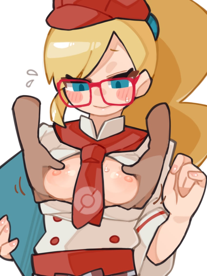 blonde hair, blue eyes, breast grab, breasts, female, leah (pokemon), pokemon, suiran (suiran2822), sweelan