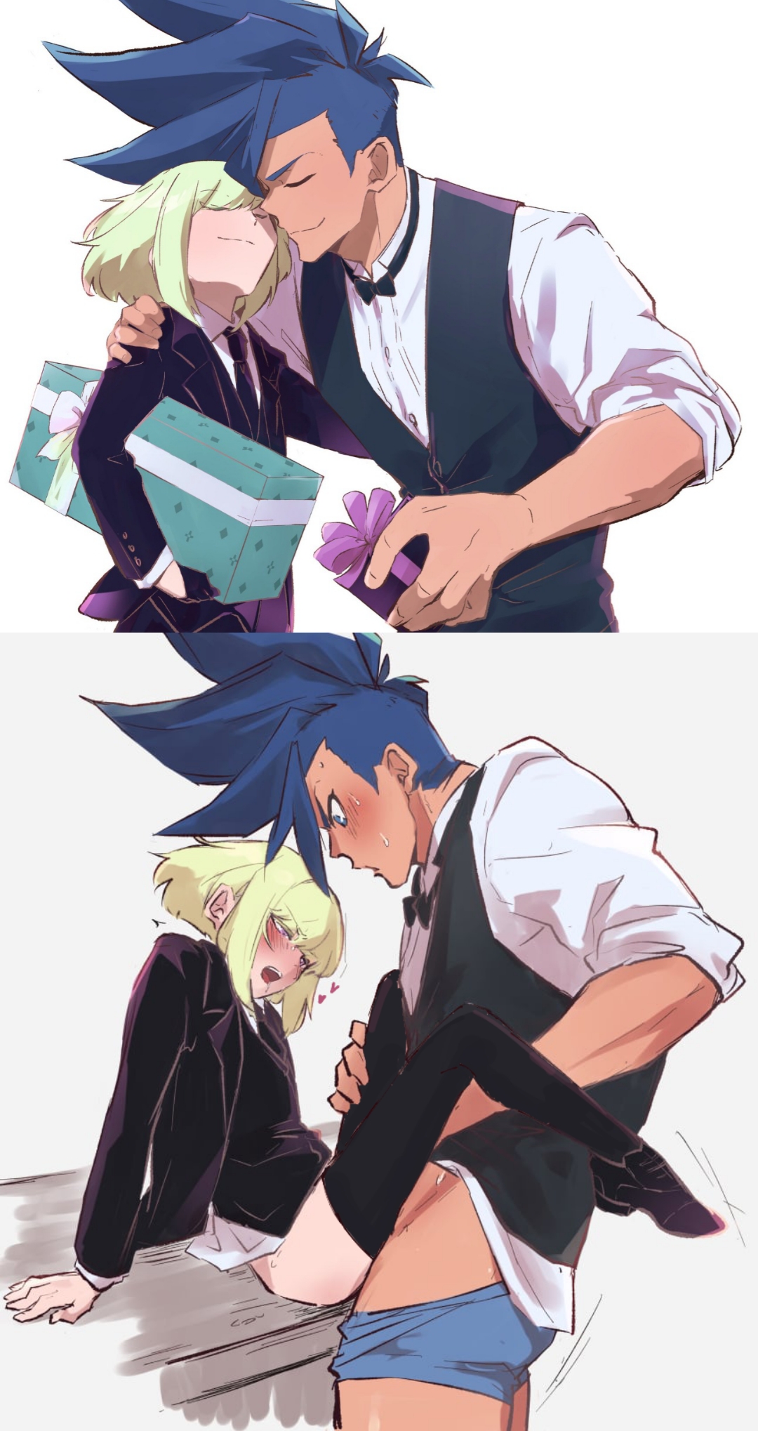 2boys, 2d, 2d (artwork), anal, anal sex, androgynous, aus vaka, black legwear, blonde hair, blush, bob cut, bottomless, clothed, clothed sex, clothing, femboy, femboy penetrated, galo thymos, gay, gay sex, gift, lio fotia, male, petite, petite body, petite male, pleasure, pleasure face, promare, short hair, size difference, slim, slim male, slim waist, stockings, suit, sweat, sweatdrop, thighhighs, twink, wholesome, yaoi