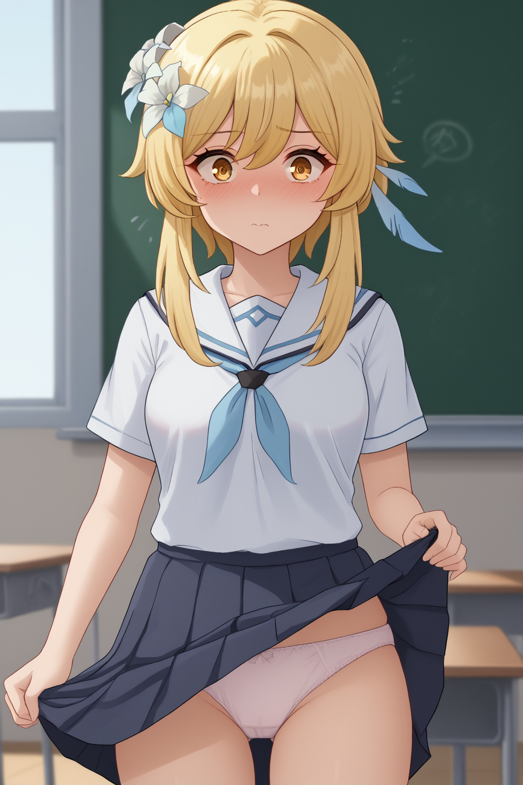 1girls adamegidor ai_generated blonde_hair female genshin_impact lifting_skirt lumine_(genshin_impact) panties school_uniform schoolgirl