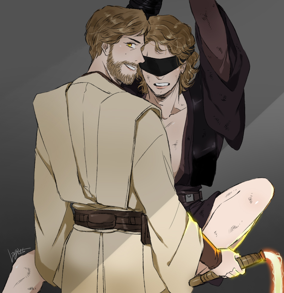 2boys anakin_skywalker arms_up background bare_legs beard belt blindfold bondage bound clone_wars clothed_male corruption duo facial_hair fully_clothed gay grey_background hair happy holding_object holding_weapon human human_only jedi jedi_knight legs light-skinned_male light_skin looking_back male male/male male_only medium_hair melee_weapon obi-wan_kenobi parted_lips restrained robe short_hair simple_background sith slave smile spread_legs standing star_wars teeth the_clone_wars:_season_four weapon whip yaoi yellow_eyes zygerria