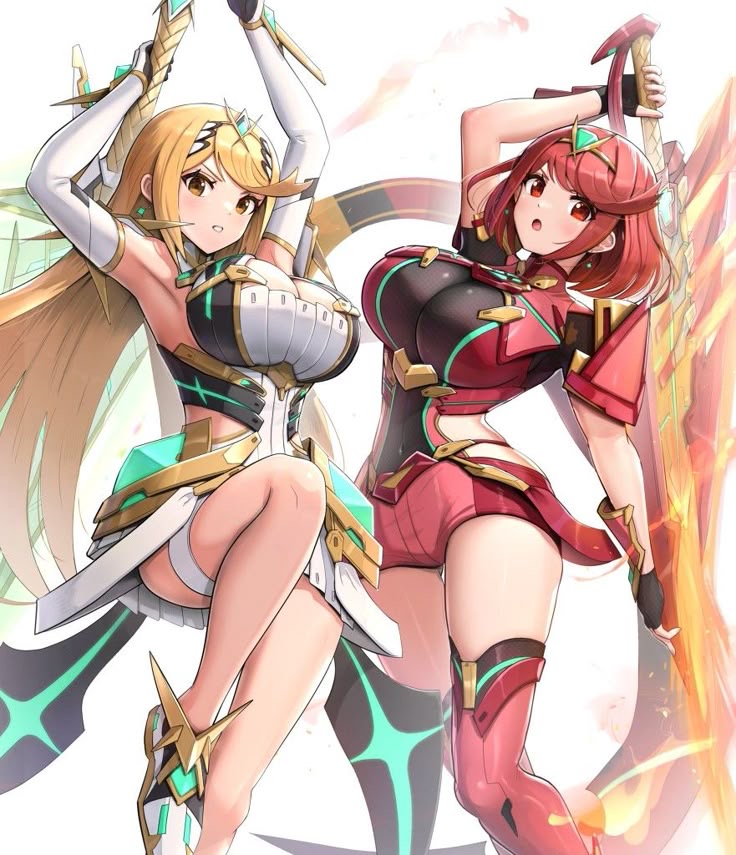2girls, big breasts, blonde female, blonde hair, breasts, female, gonzarez, large breasts, long hair, mythra, pyra, red eyes, red hair, short hair, source request, thick, thick thighs, thigh highs, thigh strap, thighhighs, thighs, tiara, weapon, xenoblade (series), xenoblade chronicles 2, yellow eyes