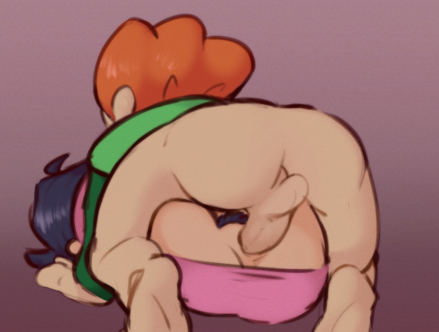 black hair, bottomless, facing away, female, friday night funkin, green shirt, hairband, half naked, headband, male, mating press, mjamiracat, nene (newgrounds), newgrounds, orange hair, pants off, pico (newgrounds), pico's school, sex, shirt only