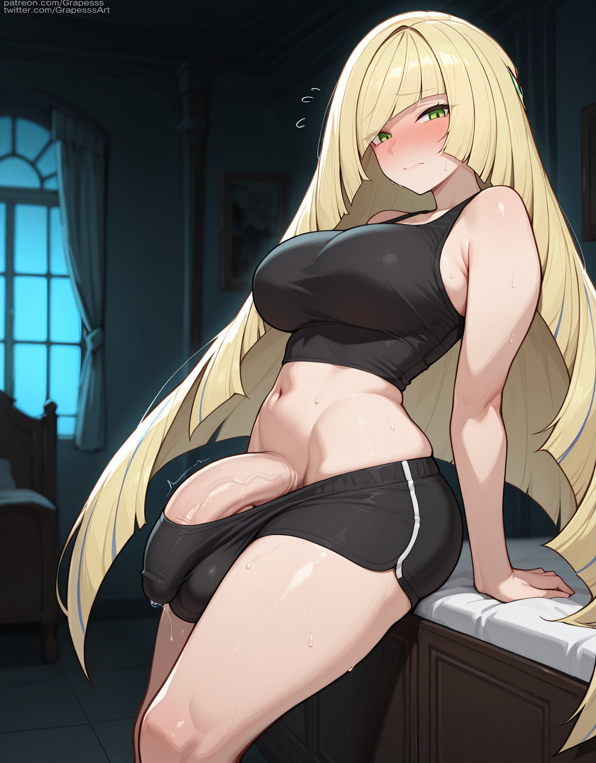 ai generated, balls, blonde hair, bulge through clothing, futanari, grapesss, huge balls, huge cock, intersex, light skin, light-skinned futa, lusamine (pokemon), navel, penis, pokemon, pokemon sm, precum, sportswear, straining shorts, veiny penis