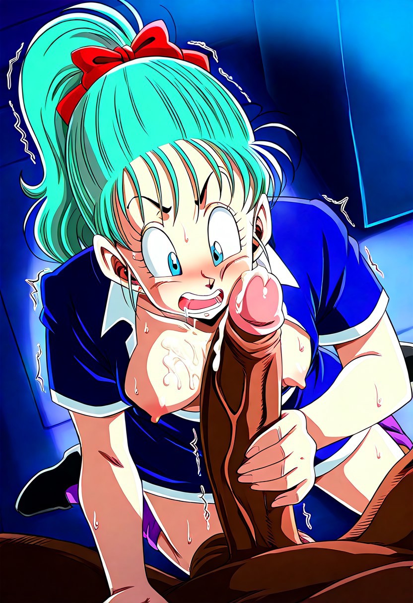 ai generated, akaz123, breasts, brown penis, bulge on face, bulma (dragon ball), bulma briefs, cum on breasts, cum on face, dark skin, dark-skinned male, dragon ball, dragon ball z, drooling, female, horny female, interracial, large penis, looking at penis, male, medium breasts, penis, penis awe, penis bulge, penis on face, retro artstyle, shocked expression, steaming body, surprised expression, sweating, thick penis, toei animation, trembling, veiny penis