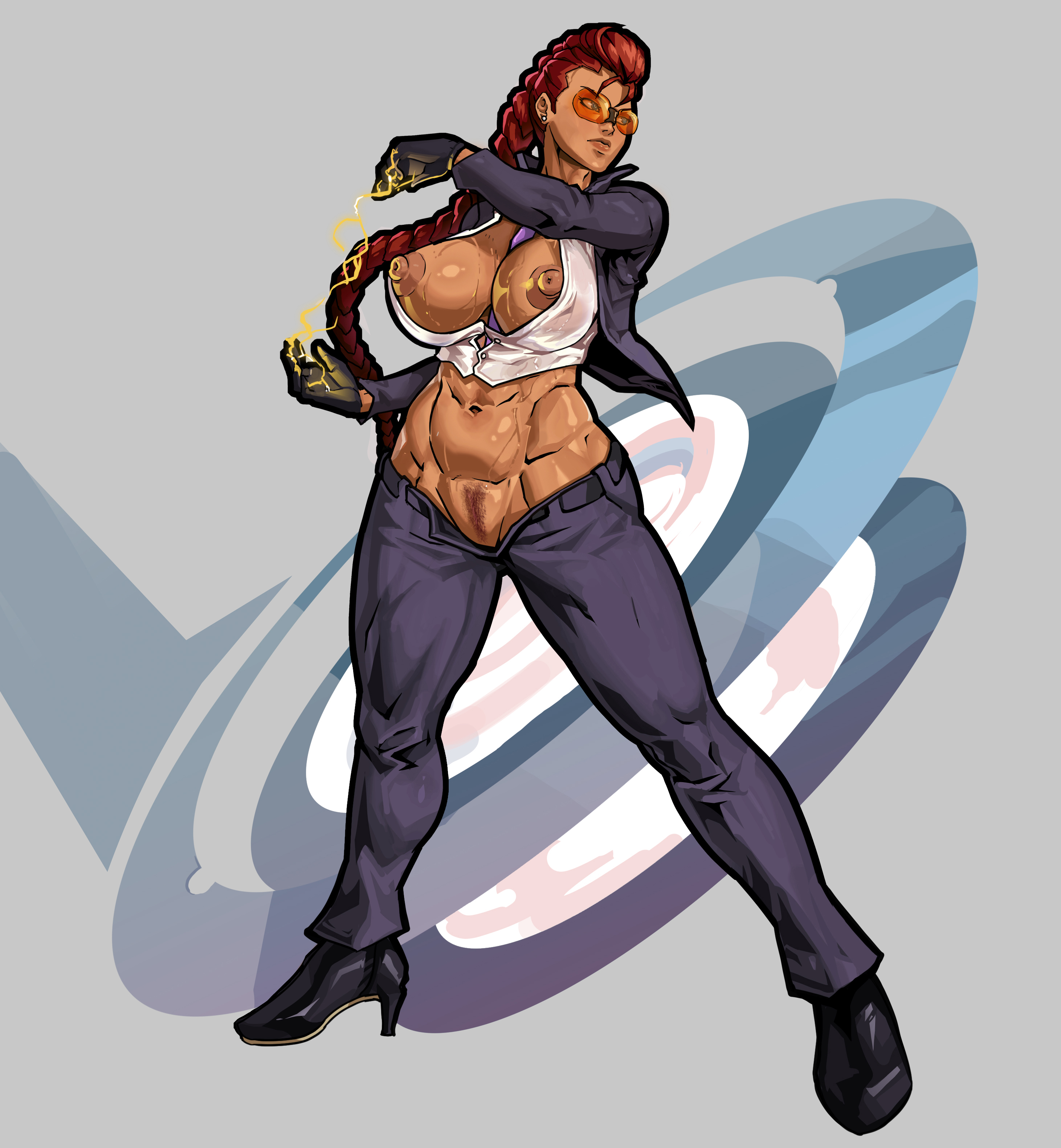 1girls, abs, absurd res, areolae, athletic, athletic female, big breasts, blazer, braid, breasts, breasts out, busty, capcom, crimson viper, dark skin, dark-skinned female, edit, equinox006, exposed breasts, exposed pussy, female, full body, hi res, high heels, hourglass figure, large breasts, long hair, milf, muscle tone, muscles, navel, nipples, orange-tinted eyewear, pants, pinup, pinup pose, pubes, pubic hair, pubic hair peek, pussy, red hair, sleeveless, sleeveless shirt, solo, standing, street fighter, sunglasses, sweat, tie, tinted eyewear, toned, toned female, unzipped pants, vagina, wide hips