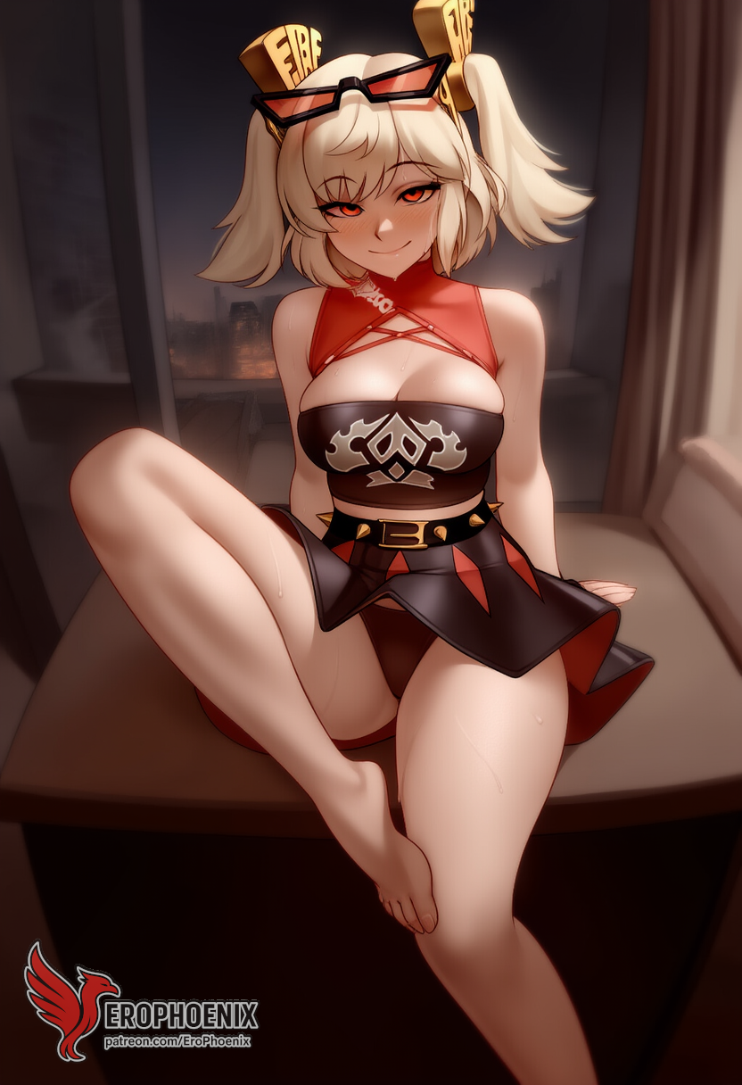 1girls 2d ai_generated ass back bangs bare_shoulders barefoot big_ass big_breasts black_panties blonde_hair burnice_white cleavage dress erophoenix feet female female_focus full_body long_hair looking_at_viewer navel pale_skin pale_skinned_female panties patreon_username red_eyes sitting skirt smile soles solo sports_bra thick thick_thighs toes twintails uncensored underwear zenless_zone_zero