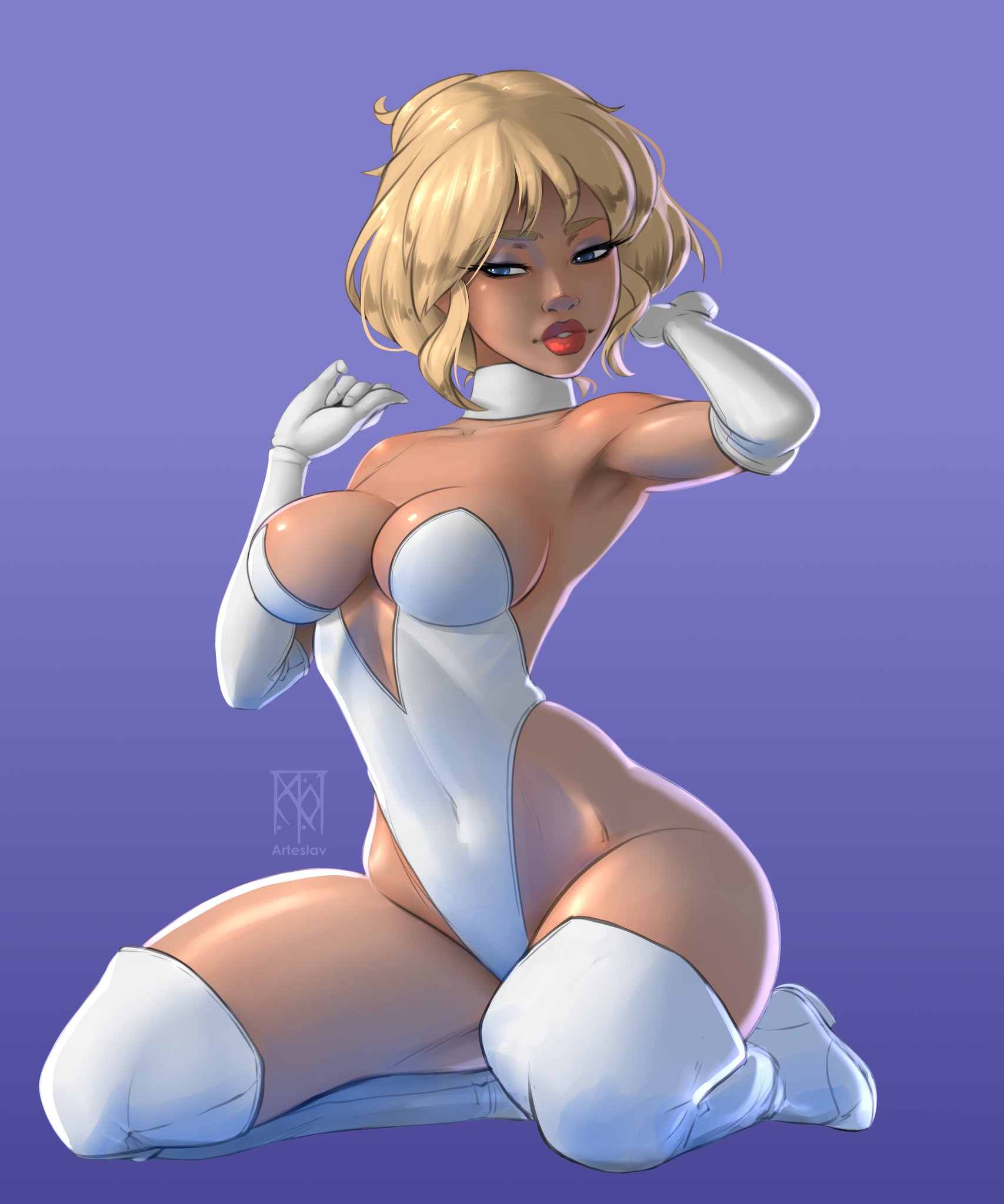 1girls, arteslav, blonde hair, blue eyes, boots, breasts, choker, cleavage, cool world, elbow gloves, eyeliner, female, gloves, holli would, leotard, lipstick, makeup, medium breasts, red lipstick, sitting, solo, strapless leotard, thick thighs, thigh boots, thighs, wariza, white boots, white choker, white leotard