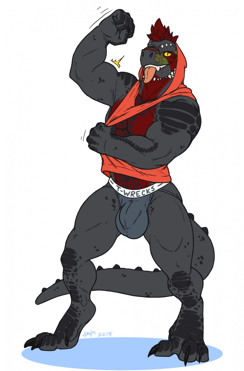 anthro argonian biceps big_muscles bulge clothed clothing dinosaur exercise fangs flexing green_skin grey_skin hair hoodie horn invalid_tag jockstrap kenjin looking_at_viewer male male_only markings muscular muscular_male pecs pinup pose red_hair red_skin reptile scales scalie scar simple_background solo spots standing tagg taggcrossroad the_elder_scrolls tongue tongue_out trex underwear video_games white_background workout yellow_eyes