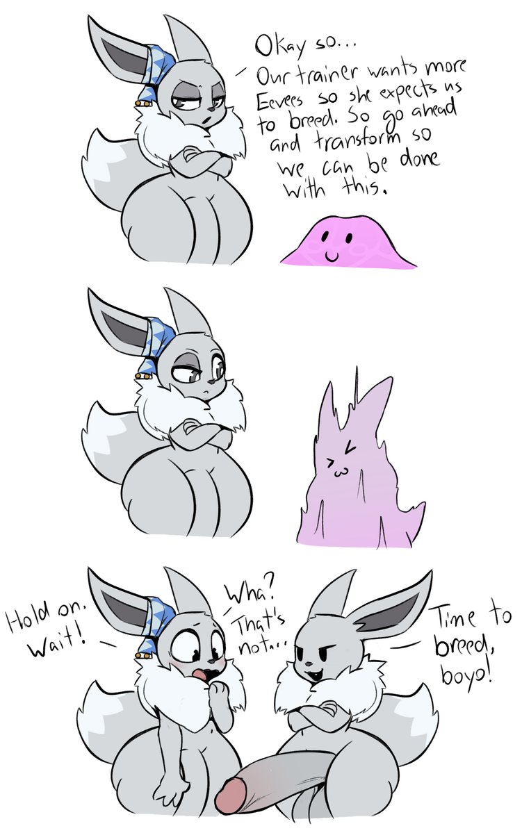 2boys, anthro, ass, big ass, big penis, blush, breeding request, ditto (pokemon), dot eyes, eevee, gay, grey eyes, grey fur, imminent sex, male, male focus, male only, miso souperstar, penis, pink body, pokemon, pokemon (species), shiny pokemon, thick thighs, transformation, transformation sequence, yaoi