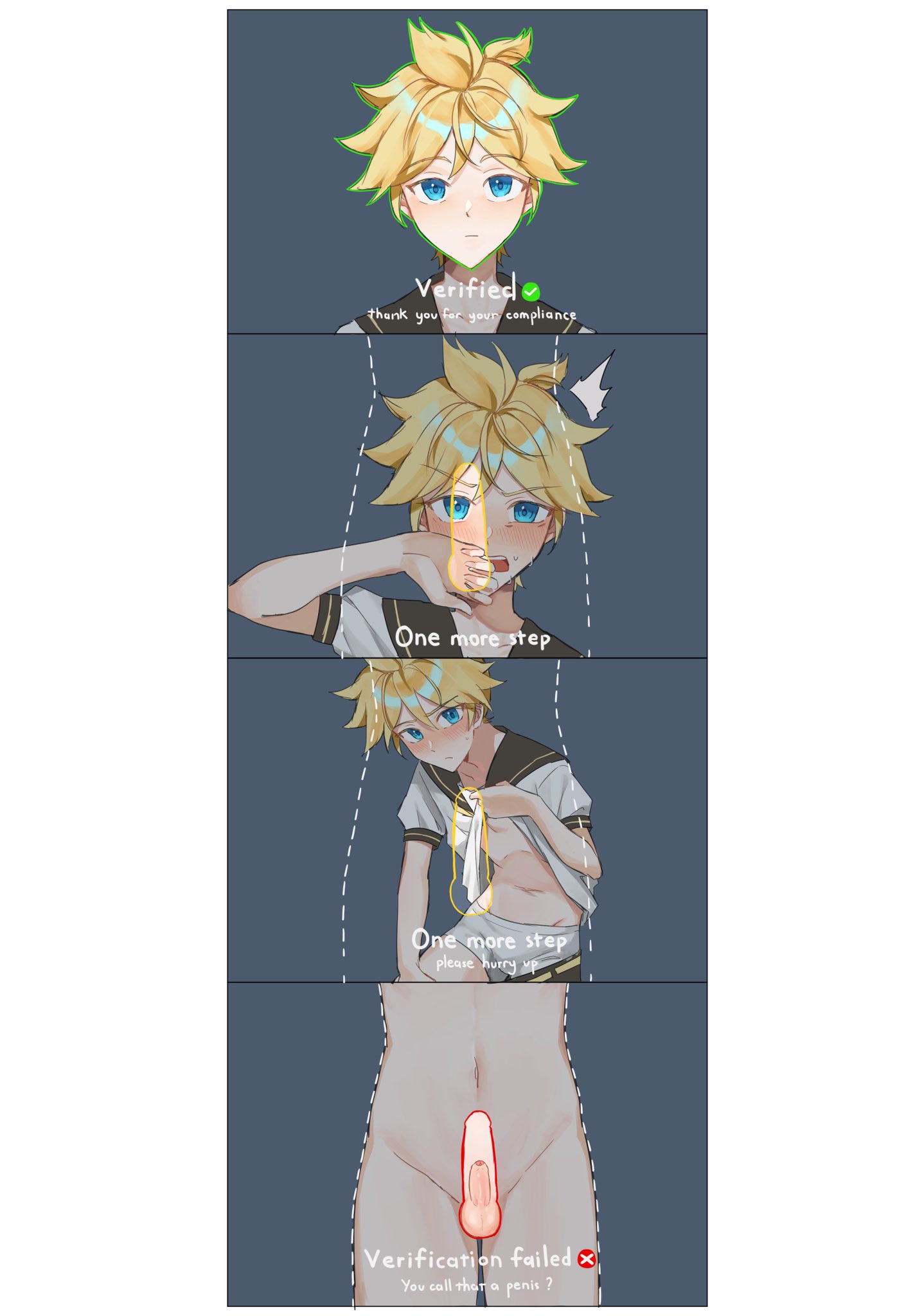 1boy, blonde hair, blue eyes, blush, color, comic, english text, erection, femboy, iyuni2442, kagamine len, lewd security verification, light skin, male, male only, meme, mizunokuni, penis, showing penis, small penis, small penis humiliation, solo, solo male, tiny penis, twink, twitter link, undressing, vocaloid