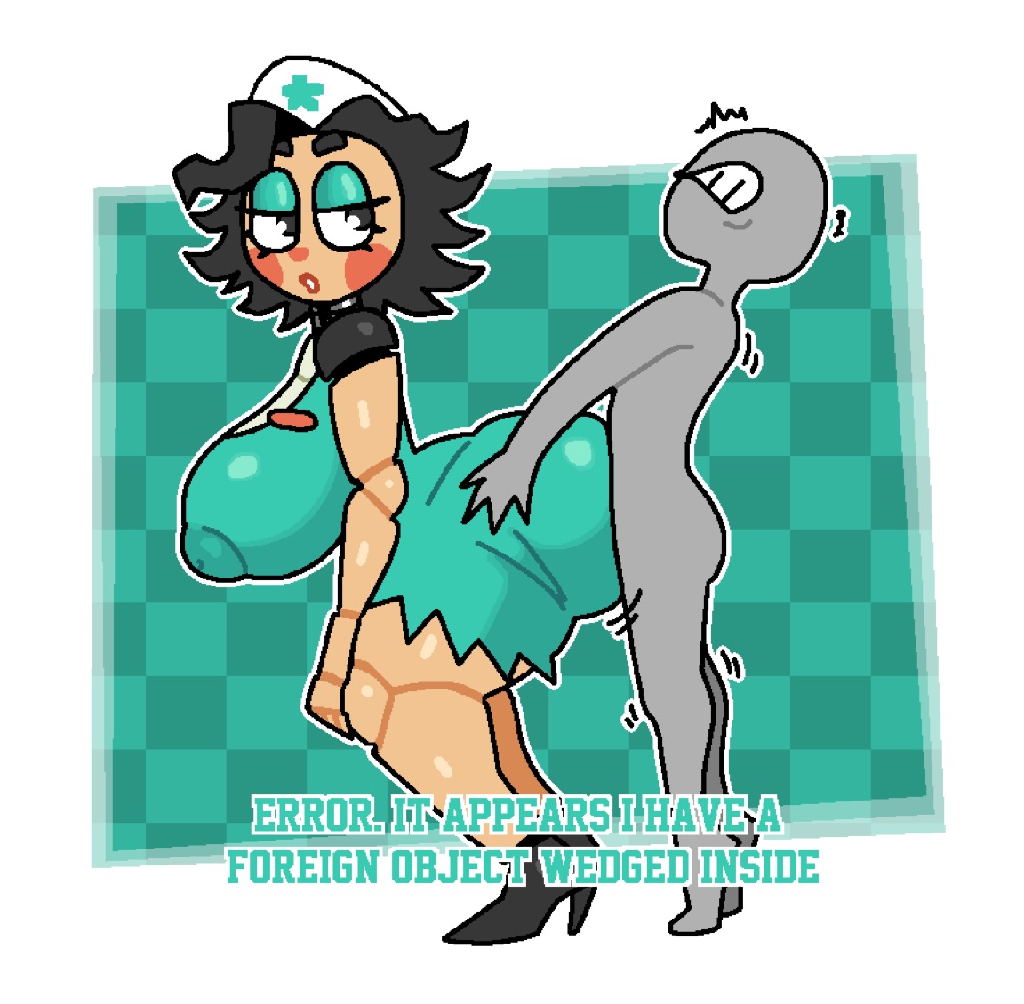 1boy, 1girls, anal through clothes, animatronic, animatronic female, anon, anonymous male, areolae visible through clothing, ass, bedroom eyes, black hair, blush, breasts, checkered background, crushtrap, cyan eyeshadow, dialogue, digital drawing (artwork), digital media (artwork), english text, eyebrows, eyelashes, female, five nights at freddy's, five nights at freddy's: secret of the mimic, human, large ass, large breasts, looking back, male, nurse, nurse cap, nurse dollie (fnaf), nurse uniform, penetration, penetration from behind, penetration through clothes, straight, tagme