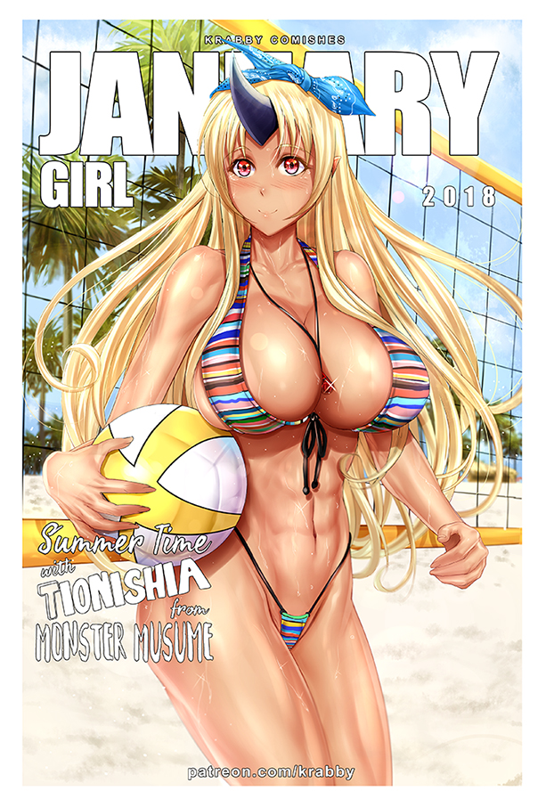 2018 beach beach_ball bikini breasts english fake_cover female horn january krabby_(artist) large_breasts long_hair monster_girl monster_musume_no_iru_nichijou ogre ogre_girl palm_tree patreon patreon_reward patreon_username pendant red_eyes sand sky tionishia_(monster_musume) volleyball volleyball_net