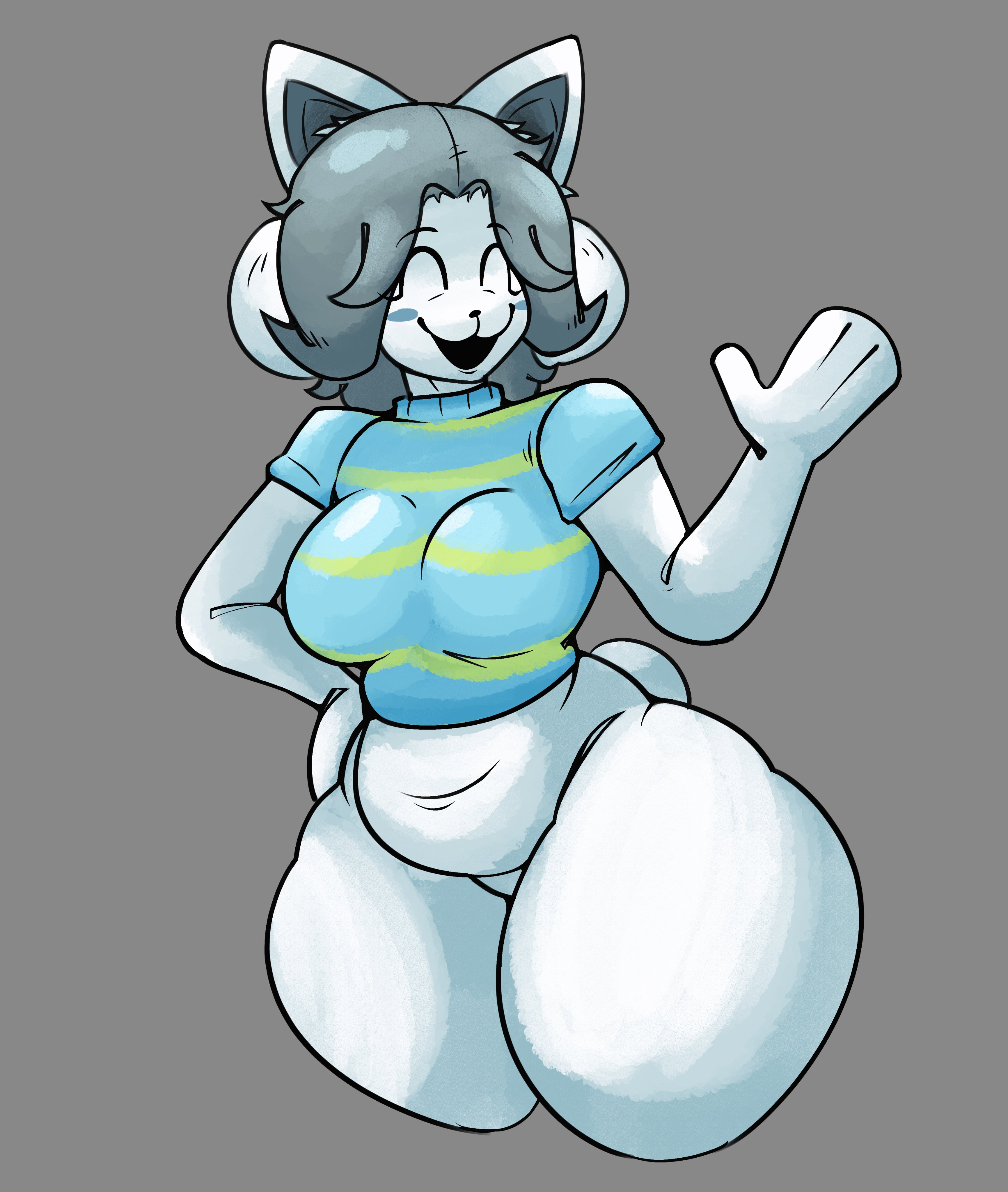 anthro, anthrofied, feline, female, fur, grey background, p0verteils, poverbruheils, poverteils, solo, solo anthro, temmie, temmie (undertale), twitter username, undertale, undertale (series), voluptuous female