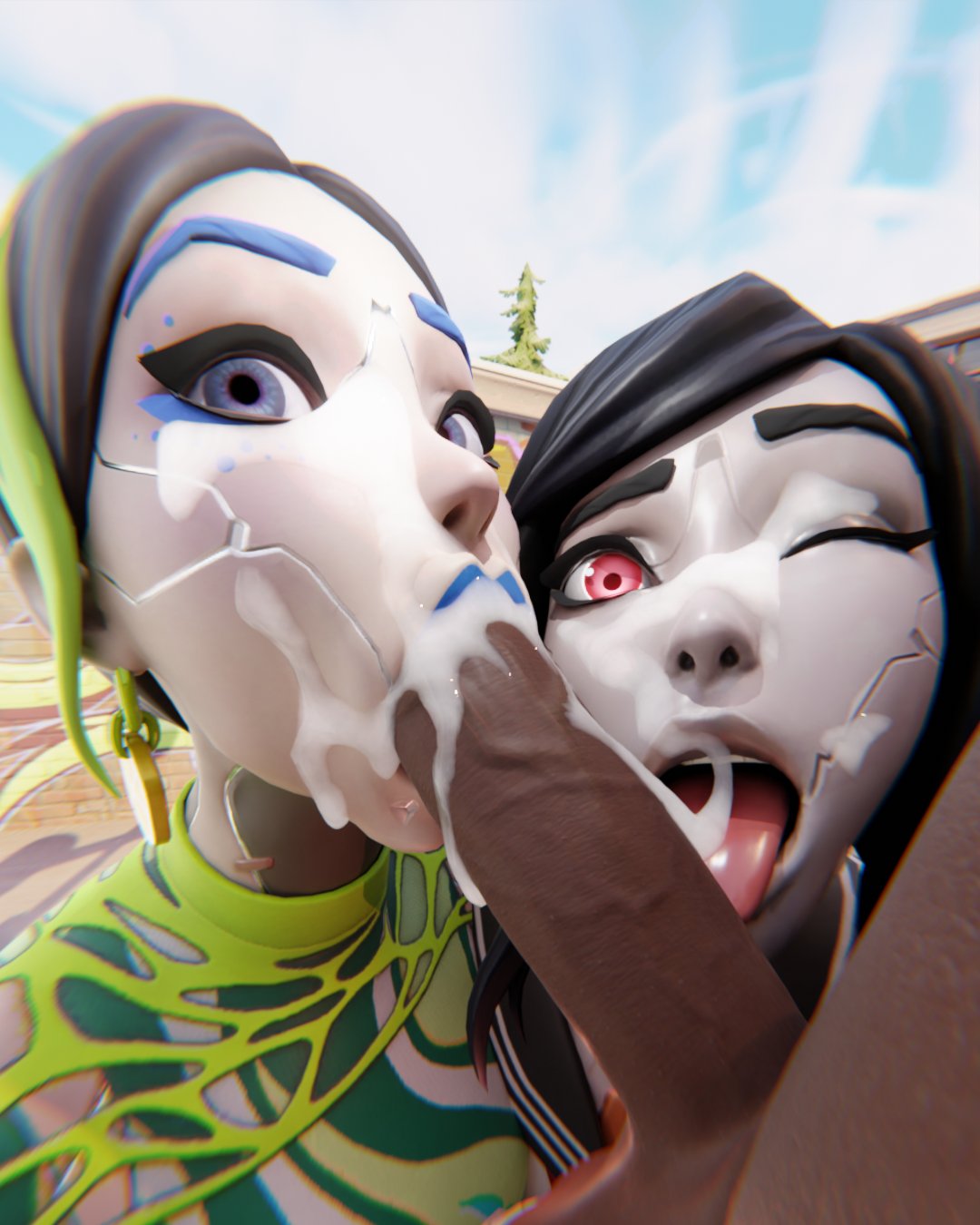 1boy, 2girls, 3d, 3d (artwork), blowjob, blue eyes, collaborative fellatio, cum, cum on face, dark skin, dark-skinned male, designer tsuki, fellatio, female, fortnite, fortnite: battle royale, highres, jtopau, licking, licking penis, lipstick, male, multicolored hair, nude, nude male, one eye closed, penis, red eyes, robot, robot girl, teamwork, tsuki (fortnite)