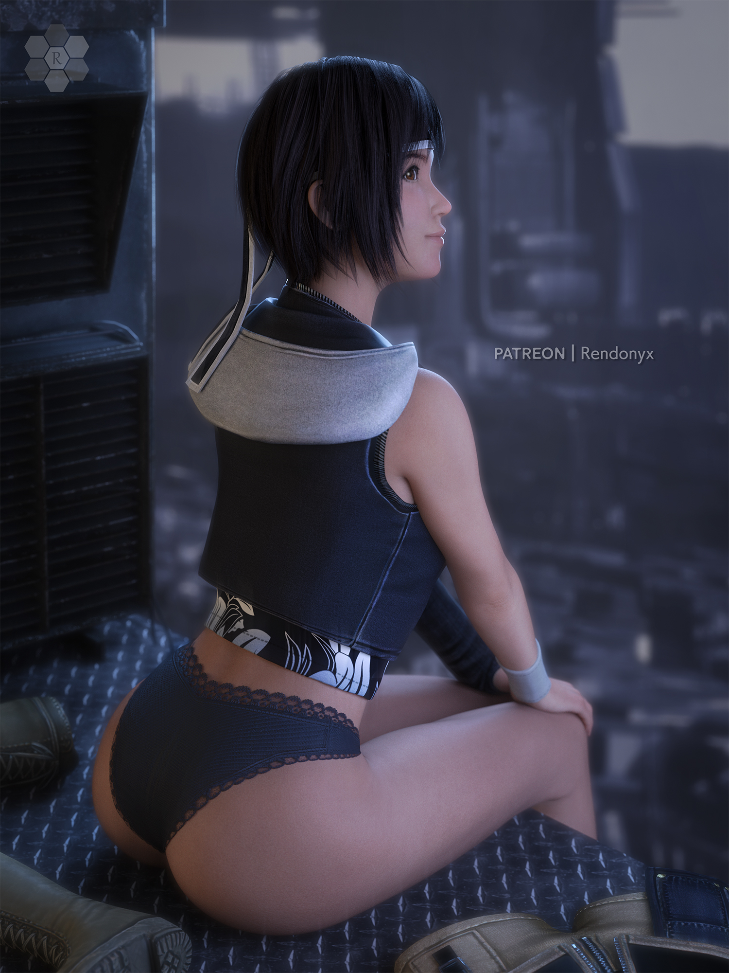 1girls, 3d, black hair, brown eyes, brown-eyed female, clothed, clothed female, female, female focus, female only, final fantasy, final fantasy vii, final fantasy vii remake, happy, happy female, light skin, light-skinned female, looking at viewer, panties, petite, petite body, petite female, rendonyx, short hair, short-haired female, shorts, smile, smiling, solo, solo female, solo focus, underwear, undressed, undressing, yuffie kisaragi