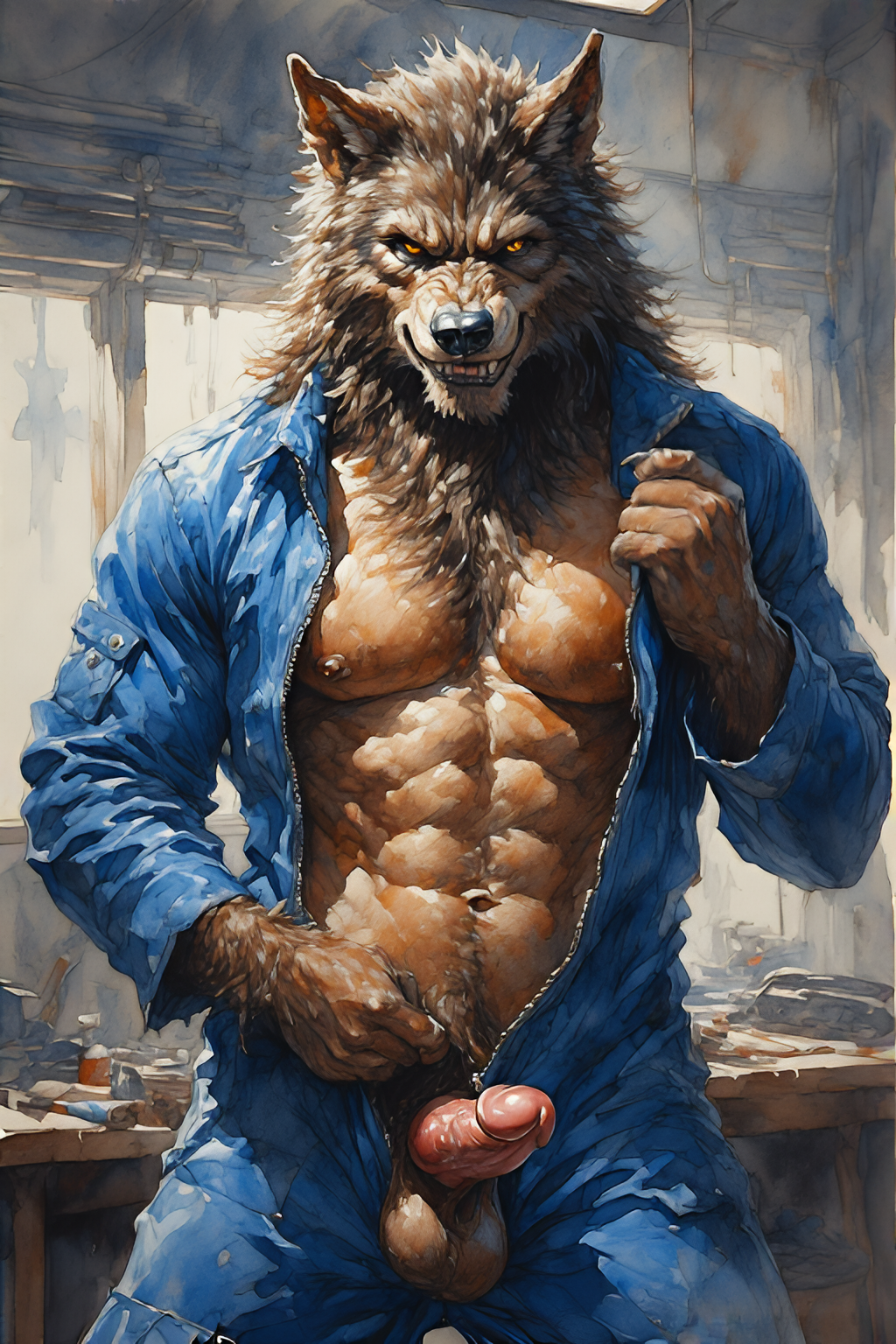 adam360 ai_generated anthro balls canid canine canis coveralls erection furry garage male male_only penis werewolf wolf