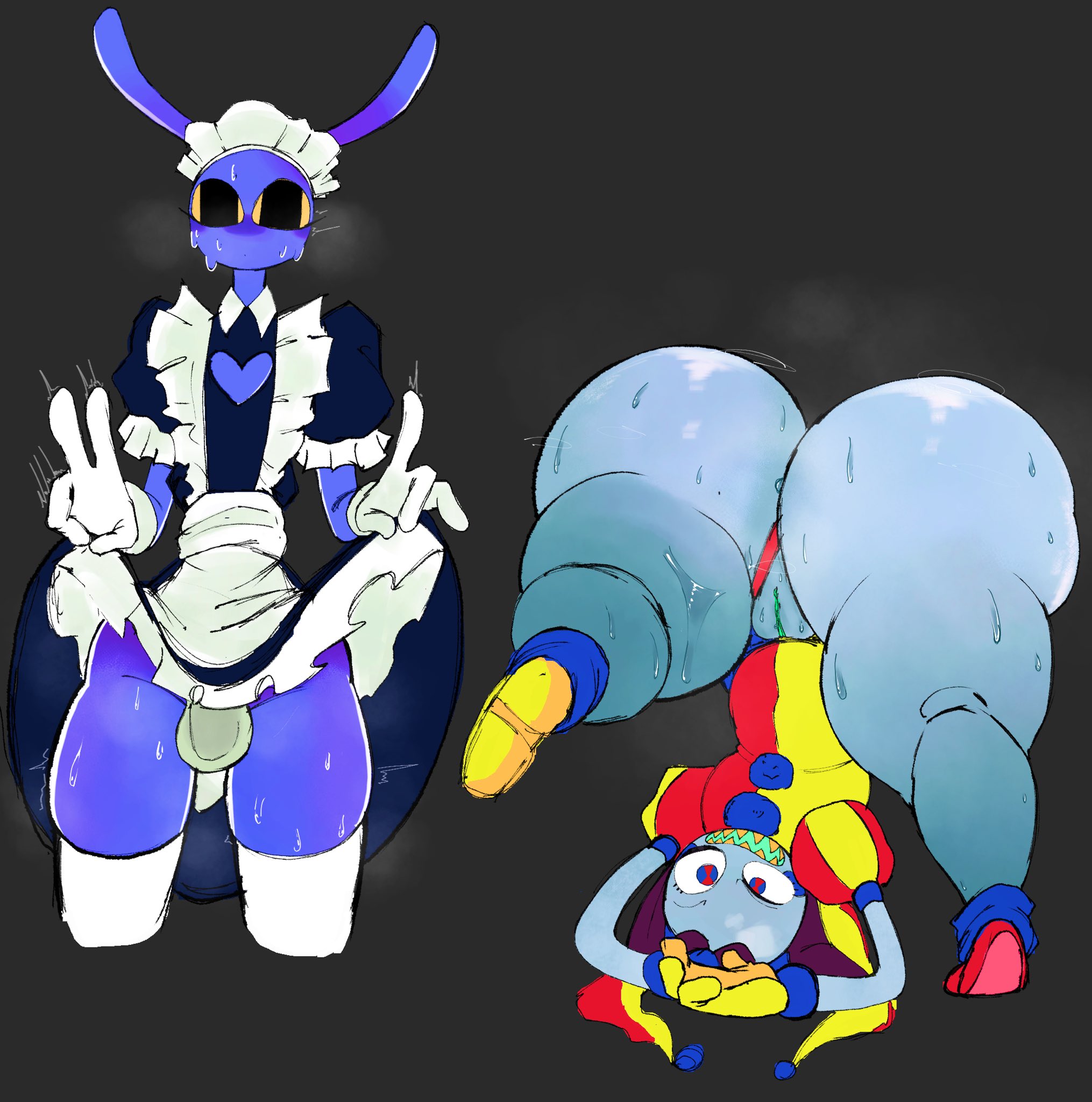 1boy, 1girls, 1male1female, 2025, 2d, 2d (artwork), 2d artwork, evil pomni (the amazing digital circus), female, glitch productions, jax (tadc), jax (the amazing digital circus), maid, maid jax (the amazing digital circus), maid outfit, male, the amazing digital circus, u nkno3ngrounds