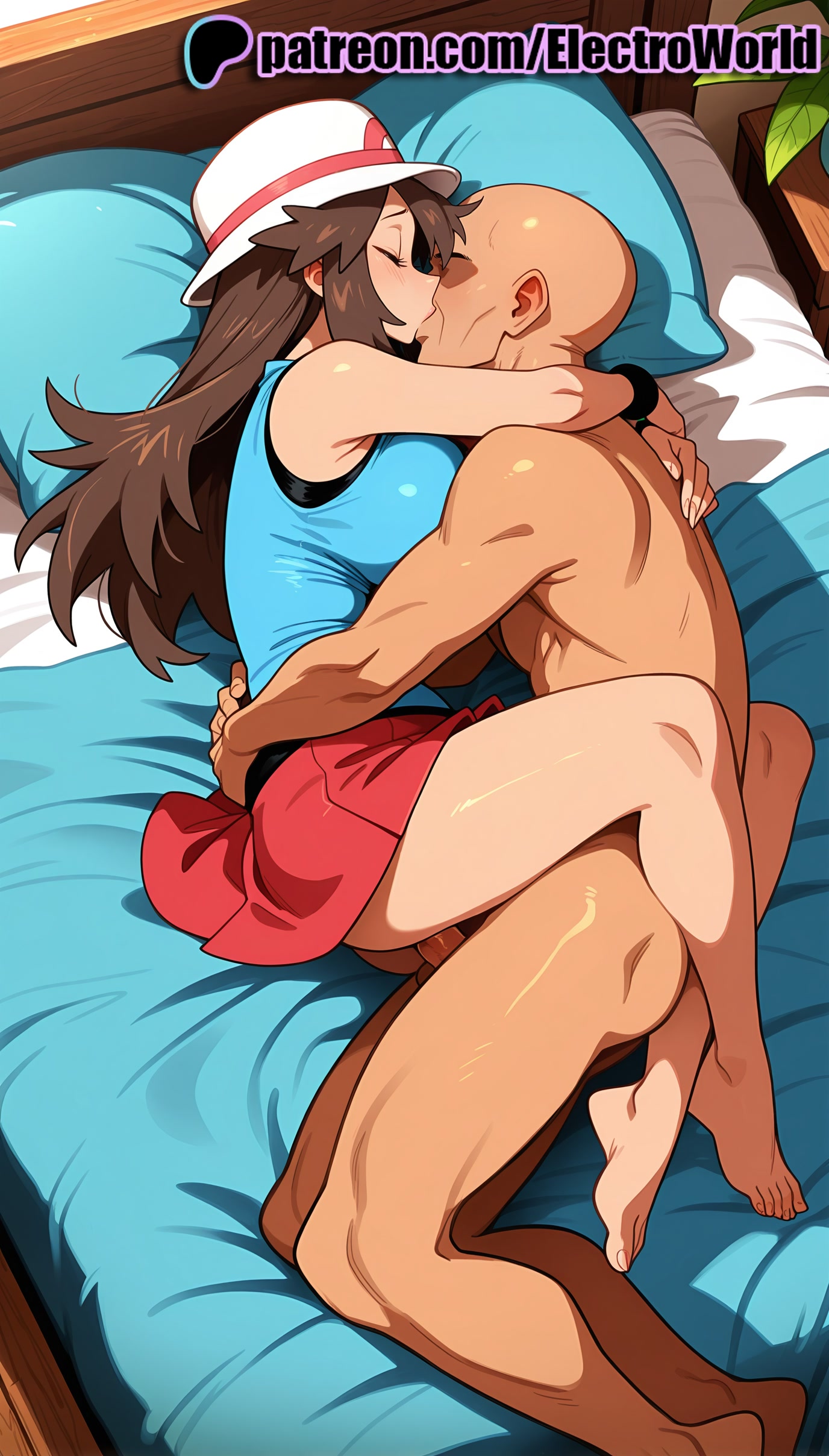 1boy, 1girls, 2025, ai generated, artist name, bald, barefoot, bed, bed sheet, bedroom, blush, brown hair, closed eyes, clothed female nude male, electroworld, female, fucking, hat, hi res, high quality, high resolution, highres, hug, intercourse, kissing, laying down, leaf (pokemon), long hair, love making, lying, lying on back, male, nude, on back, on bed, patreon, patreon username, penetration, pillow, pokemon, sex, sexual intercourse, stable diffusion, straight, watermark