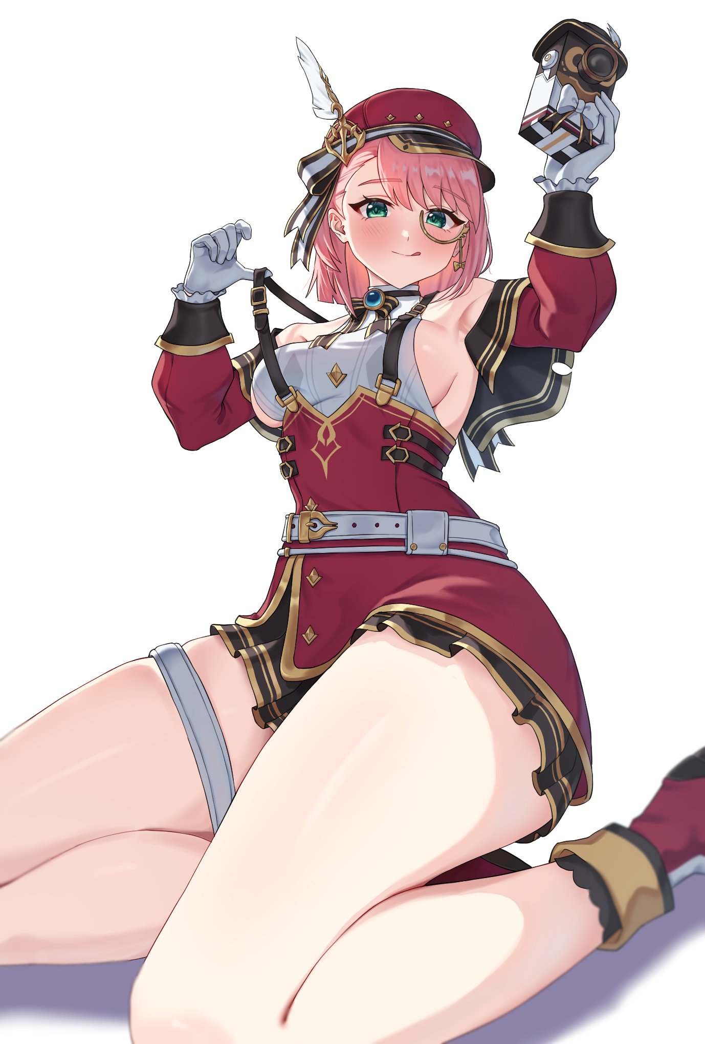 1girls, absurdres, bare shoulders, belt, blue brooch, blush, breasts, camera, charlotte (genshin impact), detached sleeves, female, genshin impact, gloves, green eyes, hat, hat feather, highres, hoyoverse, kadokadokado14, kneeling, lace-up sleeves, licking lips, looking at viewer, medium breasts, mihoyo, monocle, newsboy cap, on knees, pink hair, red hat, red sleeves, short hair, sideboob, smile, tongue, tongue out, white background, white belt, white gloves