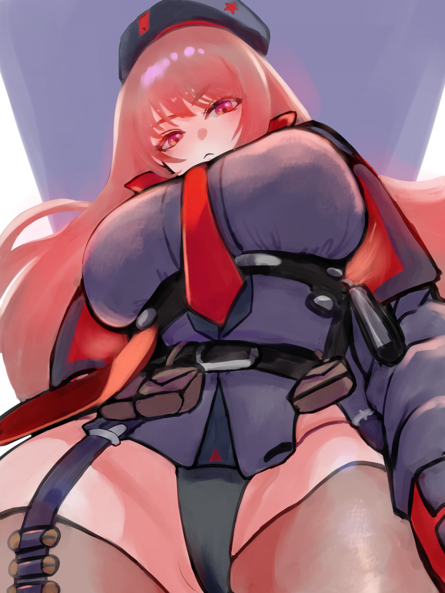 1girls, bandolier, belt, belt pouch, beret, black hat, black jacket, black panties, black shirt, breasts, brown thighhighs, chest harness, cropped jacket, female, from below, frown, goddess of victory: nikke, harness, hat, highres, ikachimenko9967, jacket, large breasts, long hair, necktie, panties, pouch, rapi (nikke), red eyes, red hair, red jacket, red necktie, shirt, solo, thighhighs, thighs, two-sided fabric, two-sided jacket, underwear