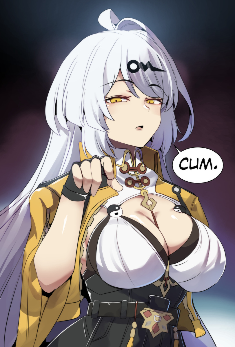 assertive female, big breasts, breasts, clothed, cum, demanding, demanding sex, dominant female, english text, female, giving orders, golden eyes, hinghoi, hoyoverse, index finger raised, looking at viewer, mihoyo, open mouth, pointing at viewer, speech bubble, standing, talking to viewer, white hair, yixuan (zenless zone zero), yunkui summit, zenless zone zero