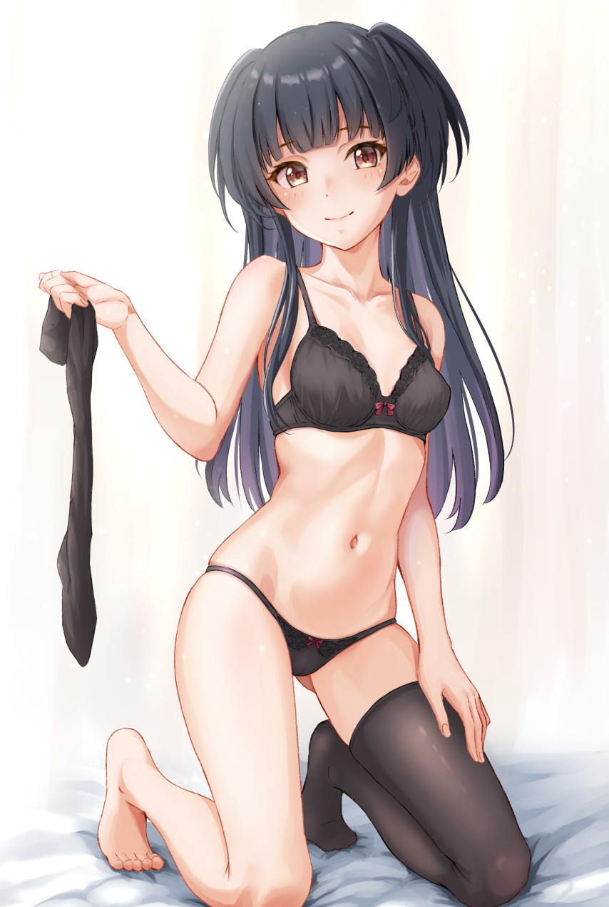bare arms, bare belly, bare shoulders, bed, bed sheet, belly button, black bra, black hair, black panties, black thighhighs, blush, bow bra, bow panties, bra, breasts, brown eyes, ca paria, cleavage, closed mouth, collarbone, feet, female, idolmaster, idolmaster shiny colors, long hair, mayuzumi fuyuko, on knees, panties, single bare leg, single barefoot, single thighhigh, small breasts, smile, thighs, toes, underwear, underwear only, unworn thighhighs