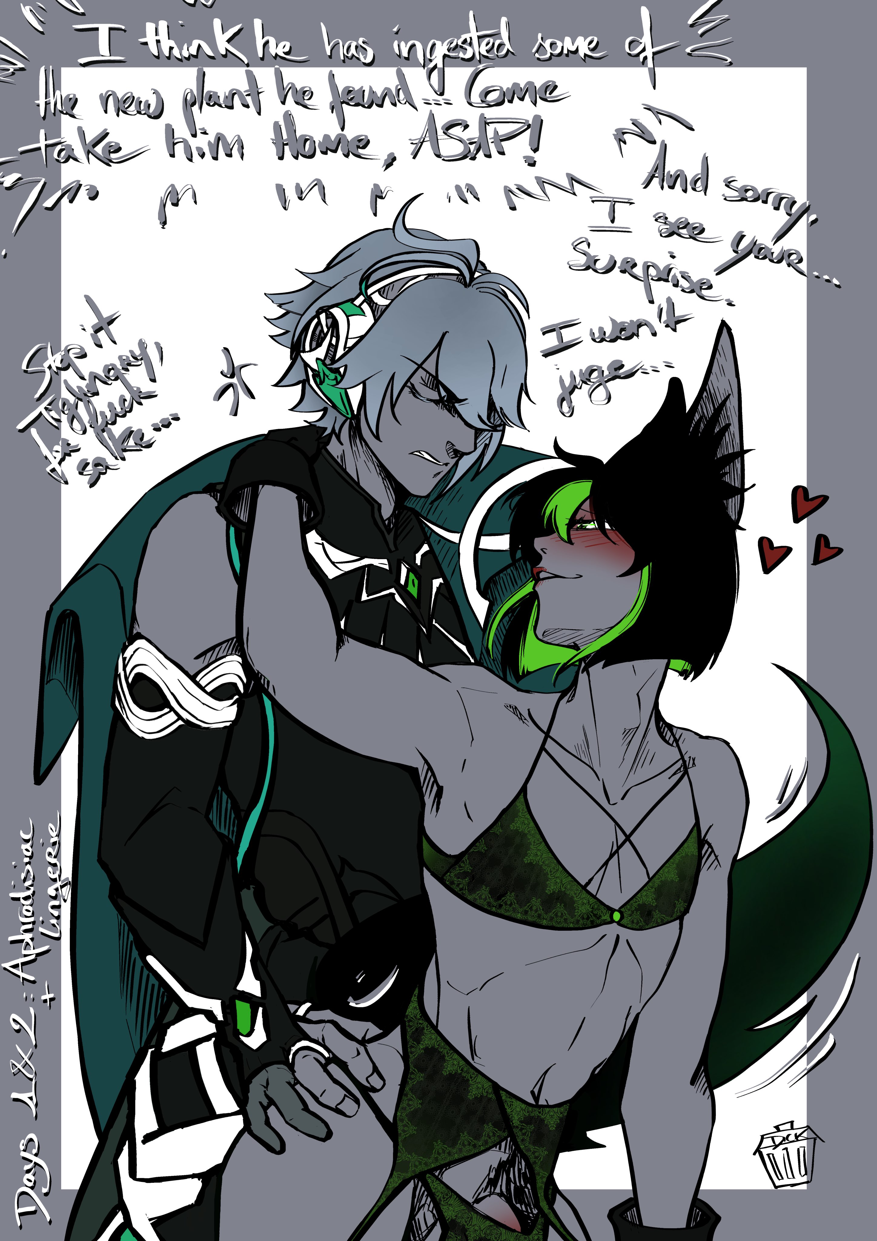 2023, 2boys, alhaitham (genshin impact), aphrodisiac, clothed, clothing, dialog, dialogue, drugs, excited, excited expression, excited face, excited for sex, excited male, femboy, frottage, frotting, gay, gay male, genshin impact, helfyr, kinktober, kinktober 2023, kinktober2023, lingerie, lipstick, male, male only, male/male, multiple boys, no penetration, no sex, nobodick, on drugs, red lipstick, text, tighnari (genshin impact), yaoi