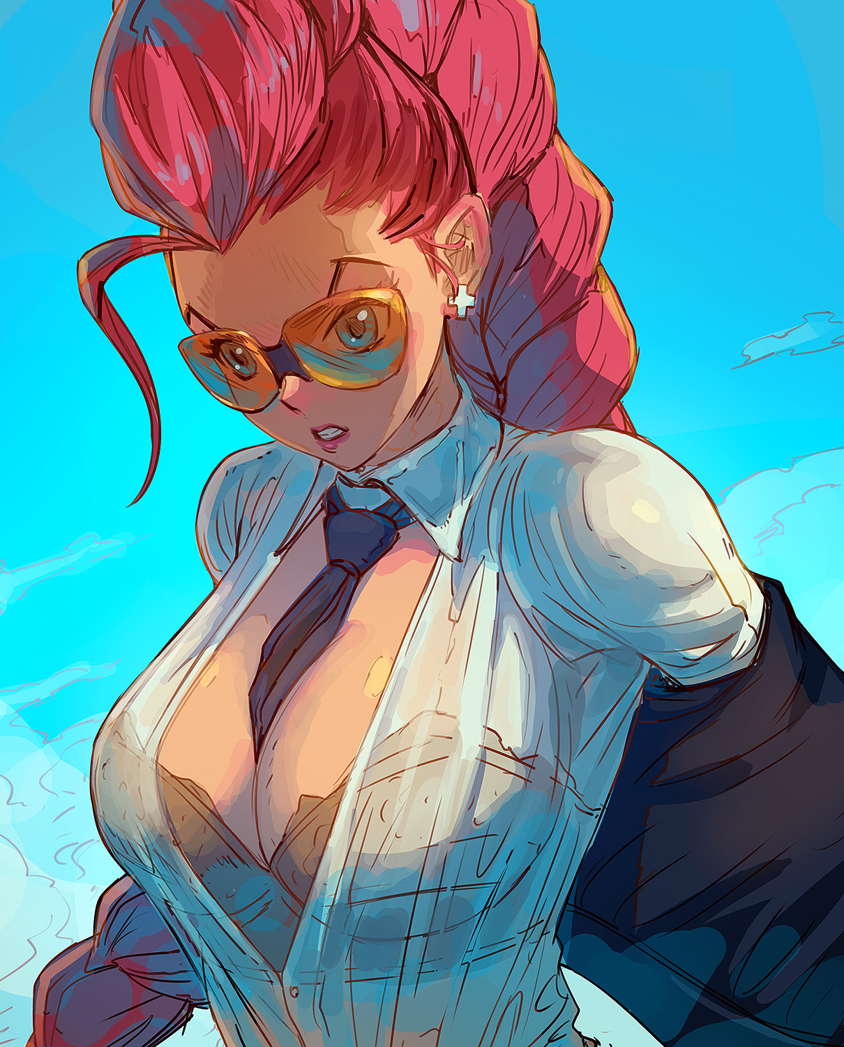 1girls, 2d, big breasts, bra, braid, breasts, busty, capcom, cleavage, crimson viper, davecavedraws, earrings, female, green eyes, long hair, makeup, milf, red hair, see-through, see-through clothing, shirt, solo, street fighter, street fighter iv, sunglasses, tagme, tan, tan body, tan skin, tan skinned female, tie, tie between breasts, tinted eyewear, undressing