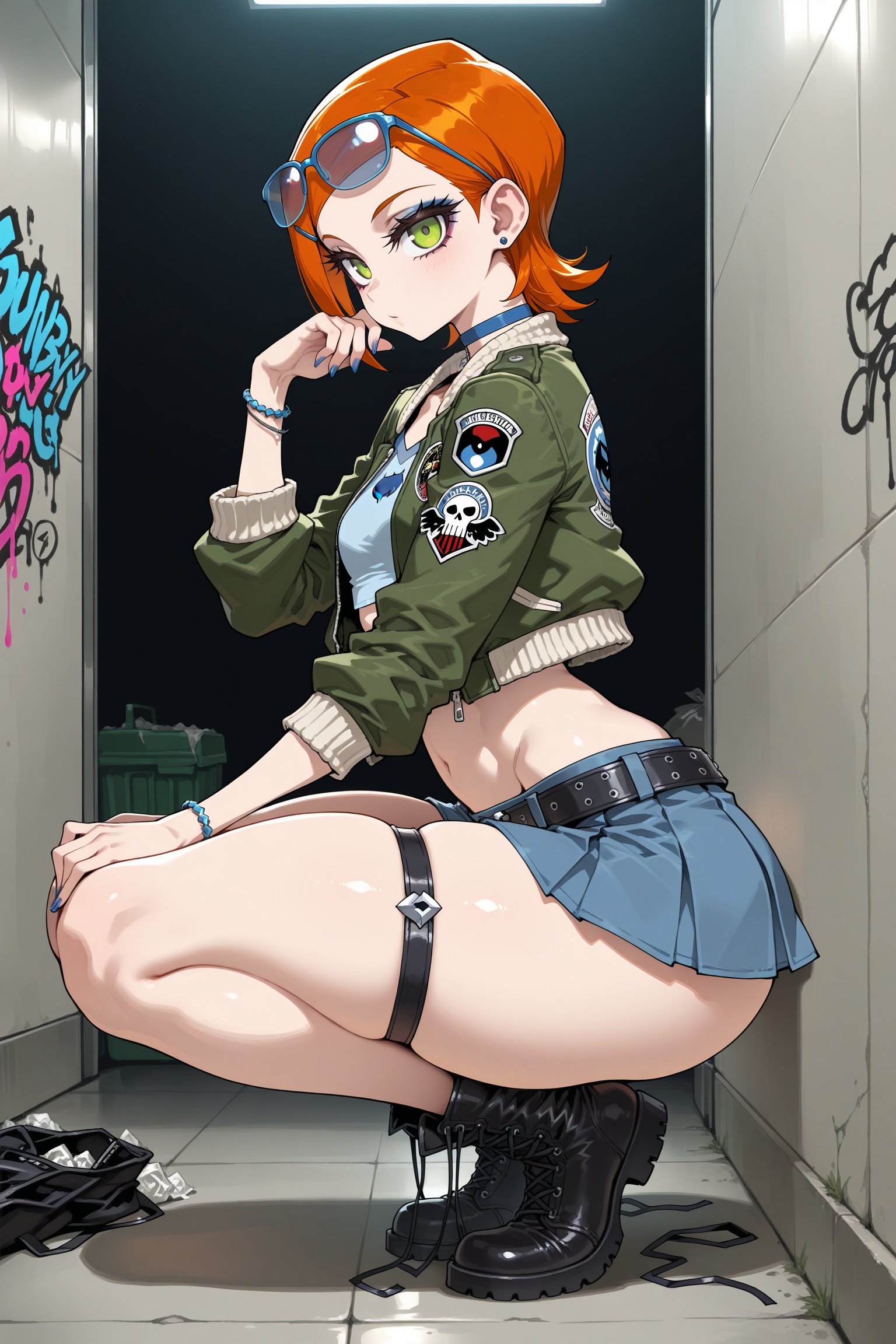 ai generated, ben 10, bomber jacket, boots, cartoon network, choker, combat boots, gwen tennyson, hand on own cheek, jacket, looking at viewer, miniskirt, nibba, squatting, sunglasses, sunglasses on head, thigh strap