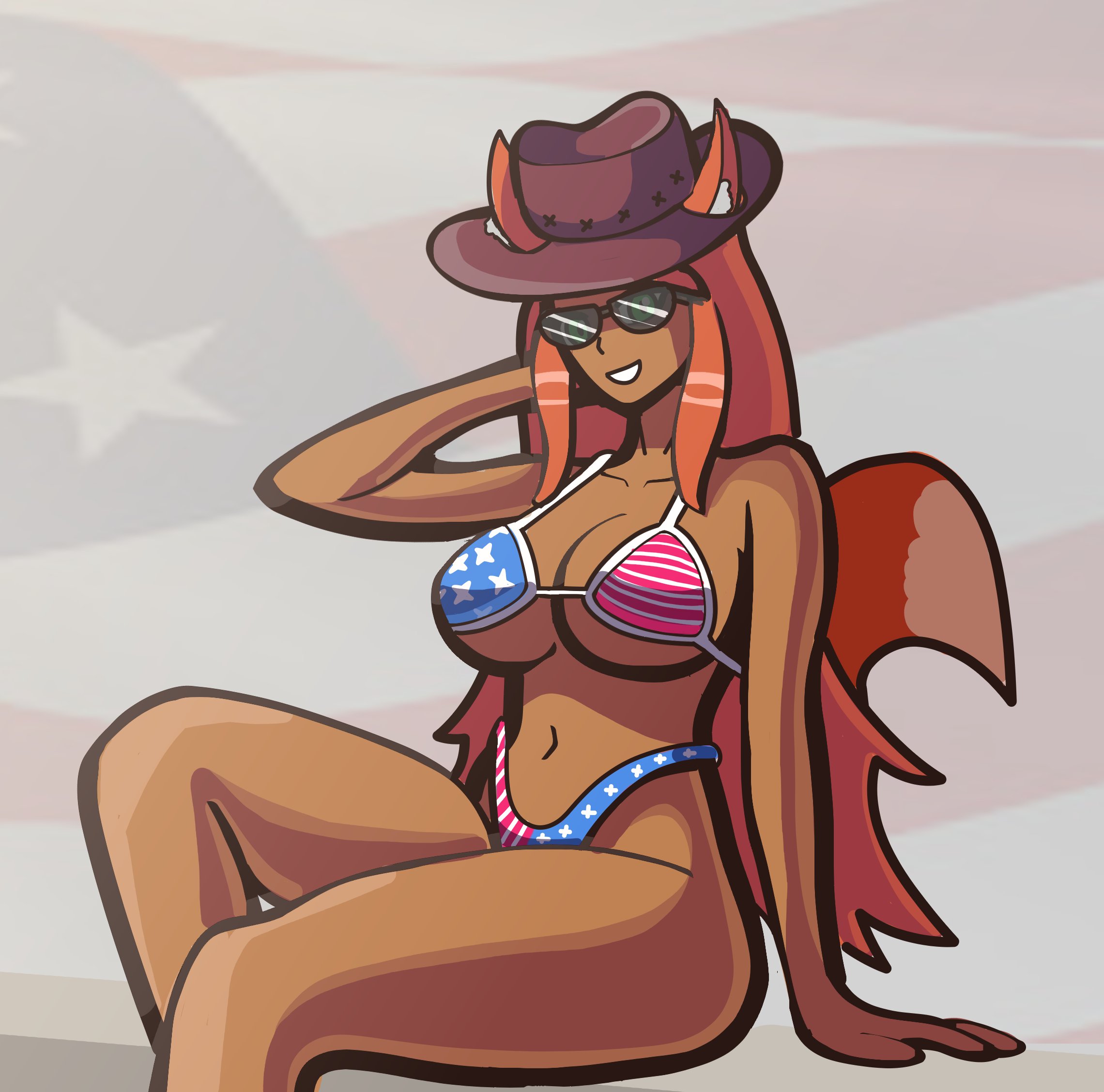 american flag, american flag bikini, american flag print, big breasts, breasts, cowboy hat, female, fox ears, fox girl, fox tail, glasses, glasses on head, looking at viewer, nyxaquarious, re-logic, sunglasses, sunglasses on head, terraria, thick thighs, zoologist (terraria)