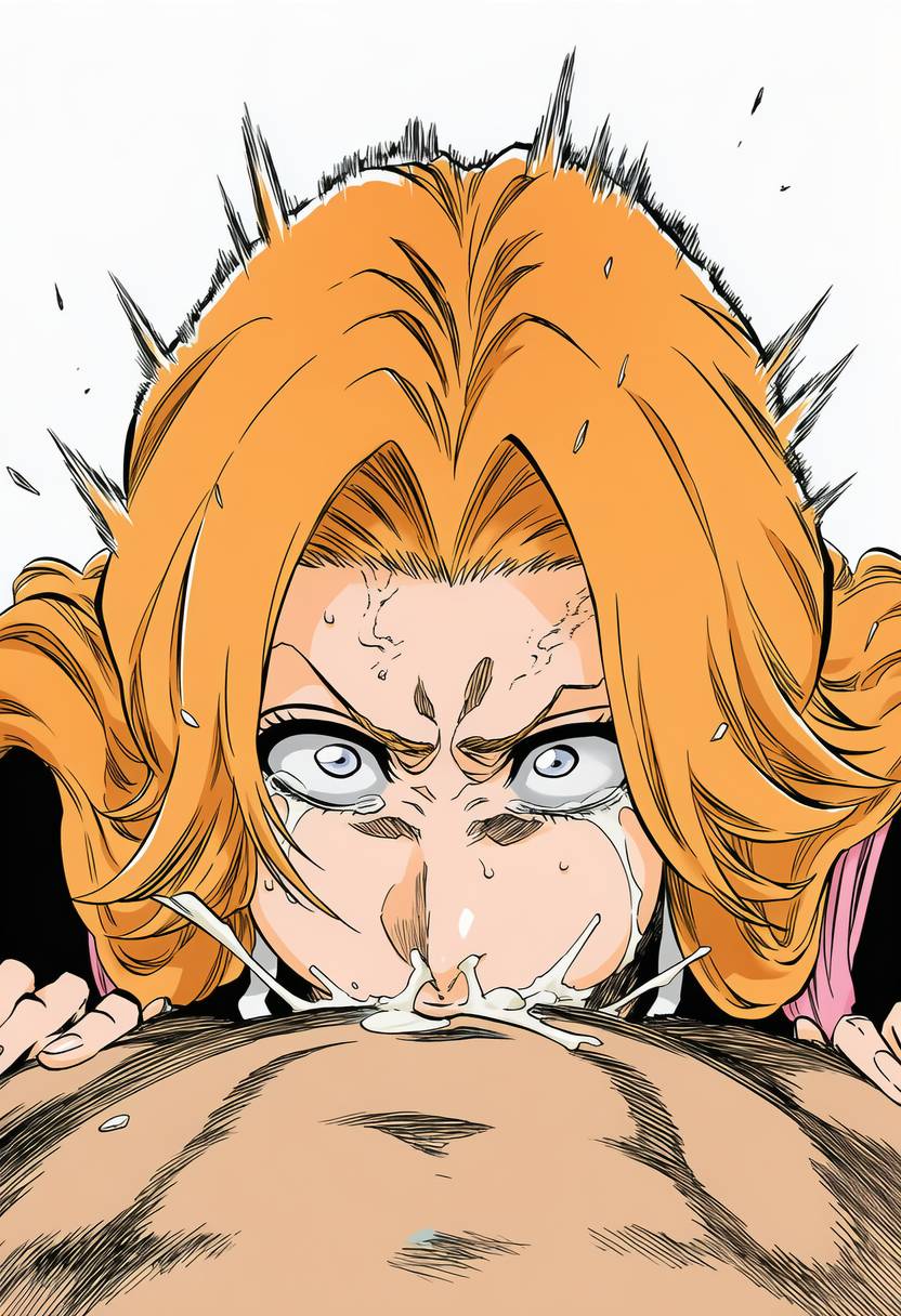 1boy, 1girls, accurate art style, ai generated, all the way to the base, anger vein, angry, angry face, bleach, blowjob, bodily fluids, cel shading, clothed, clothed female nude male, completely nude male, constricted pupils, crying, crying with eyes open, cum, cum in mouth, cum in nose, cum out nose, cum overflow, cumshot, deepthroat, ejaculation, face focus, facial, fanart, fellatio, female, female focus, forced, forced oral, from below, gnomro, hands on another's hips, high resolution, highres, irrumatio, light skin, light-skinned female, line art, looking at viewer, manga style, matsumoto rangiku, mole under mouth, motion lines, nude, nude male, oral, orange hair, overflow, parted bangs, pov crotch, rough, semen, semen in mouth, simple background, speed lines, straight, sweat, sweatdrop, tearing up, tears, tite kubo style, vein, white background, wide eyed
