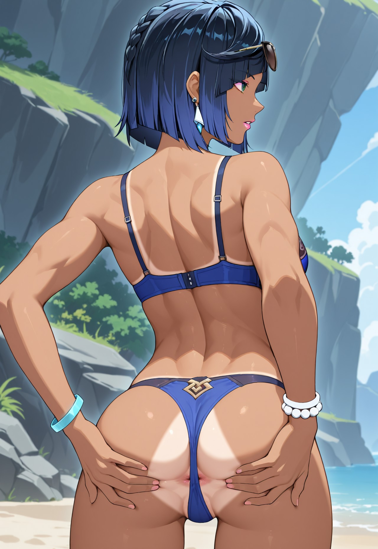1girls, ai, ai generated, blue bra, blue hair, blue panties, eyeshadow, eyewear on head, female, female only, from behind, genshin impact, green eyes, lipstick, looking away, solo, stretched anus, sunglasses, sunny, tanline, tanned, touching anus, touching ass, yelan (genshin impact)