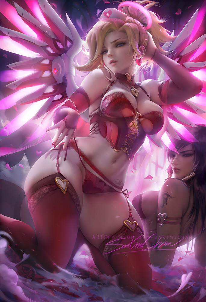 2girls, blizzard entertainment, blonde hair, bra, breasts, cleavage, dark skin, dark-skinned female, female, female only, garter belt, looking at viewer, mercy, overwatch, panties, pharah, sakimichan, solo focus, thighhighs
