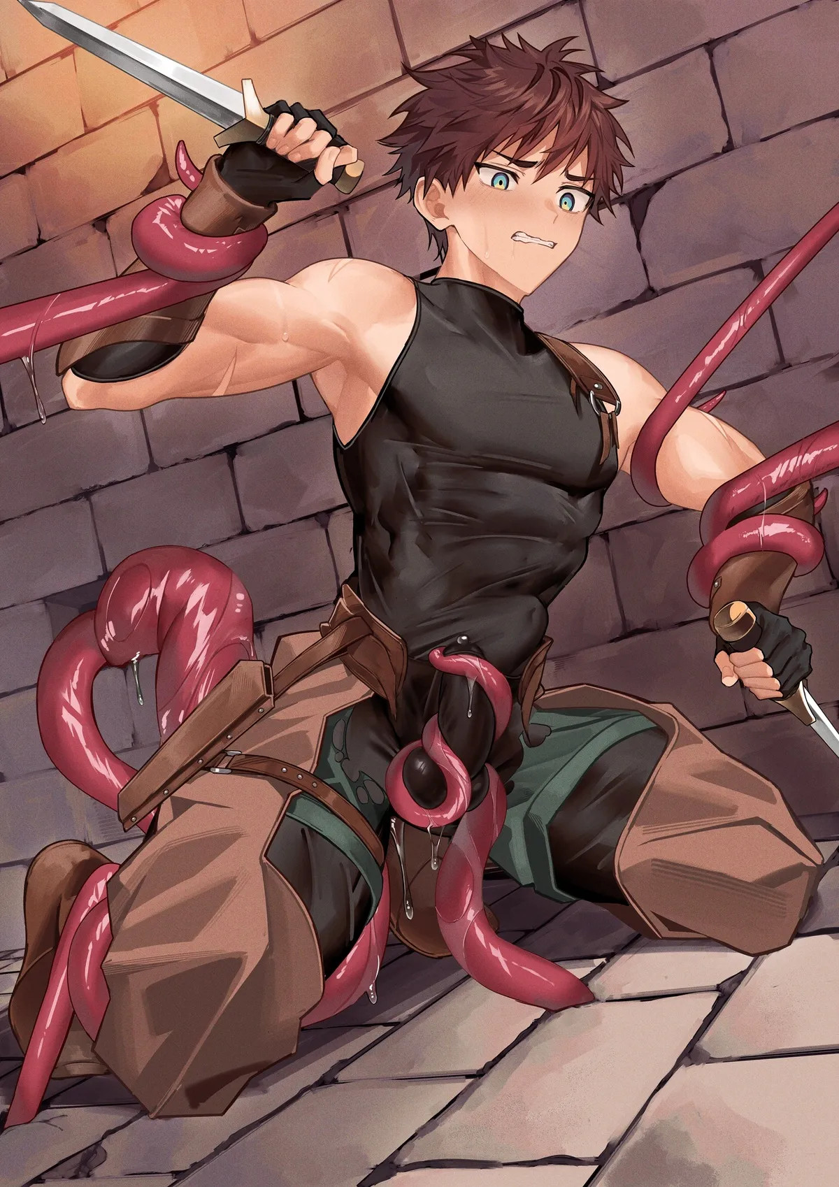 1boy, abs, anal, anal insertion, anal sex, armpits, arms up, assless chaps, balls, balls under clothes, belly bulge, biceps, big bulge, blue eyes, blush, bodysuit, bondage, brick floor, brick wall, brown hair, bulge, bulge through clothing, clenched teeth, dagger, dual wielding, duo, erection, erection under clothes, eyelashes, fingerless gloves, full body, gauntlets, gay, genital outline, gloves, handjob, hi res, holding penis, holding weapon, inflated belly, kneeling, male, male only, male penetrated, male rape victim, mature male, monster, mucus, muscles, muscular, muscular arms, muscular male, nayoshi (r-744), original, original character, pecs, penis, precum, precum bubble, precum through clothing, raped, raped by monster, restrained, restrained arms, restrained legs, restrained wrists, scar, scar on arm, sex, short hair, shorts, sleeveless, spread legs, straps, struggling, sweat, sweatdrop, tentacle, tentacle around arm, tentacle around leg, tentacle around penis, tentacle bondage, tentacle on male, tentacle penetration, tentacle rape, tight clothing, torn clothes, tough guy, trapped, triceps, wince, yaoi, young
