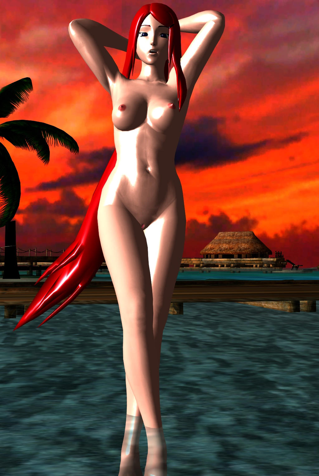 3d afternoon beach inoxlust naruto naruto_(series) naruto_shippuden sunset uzumaki_kushina