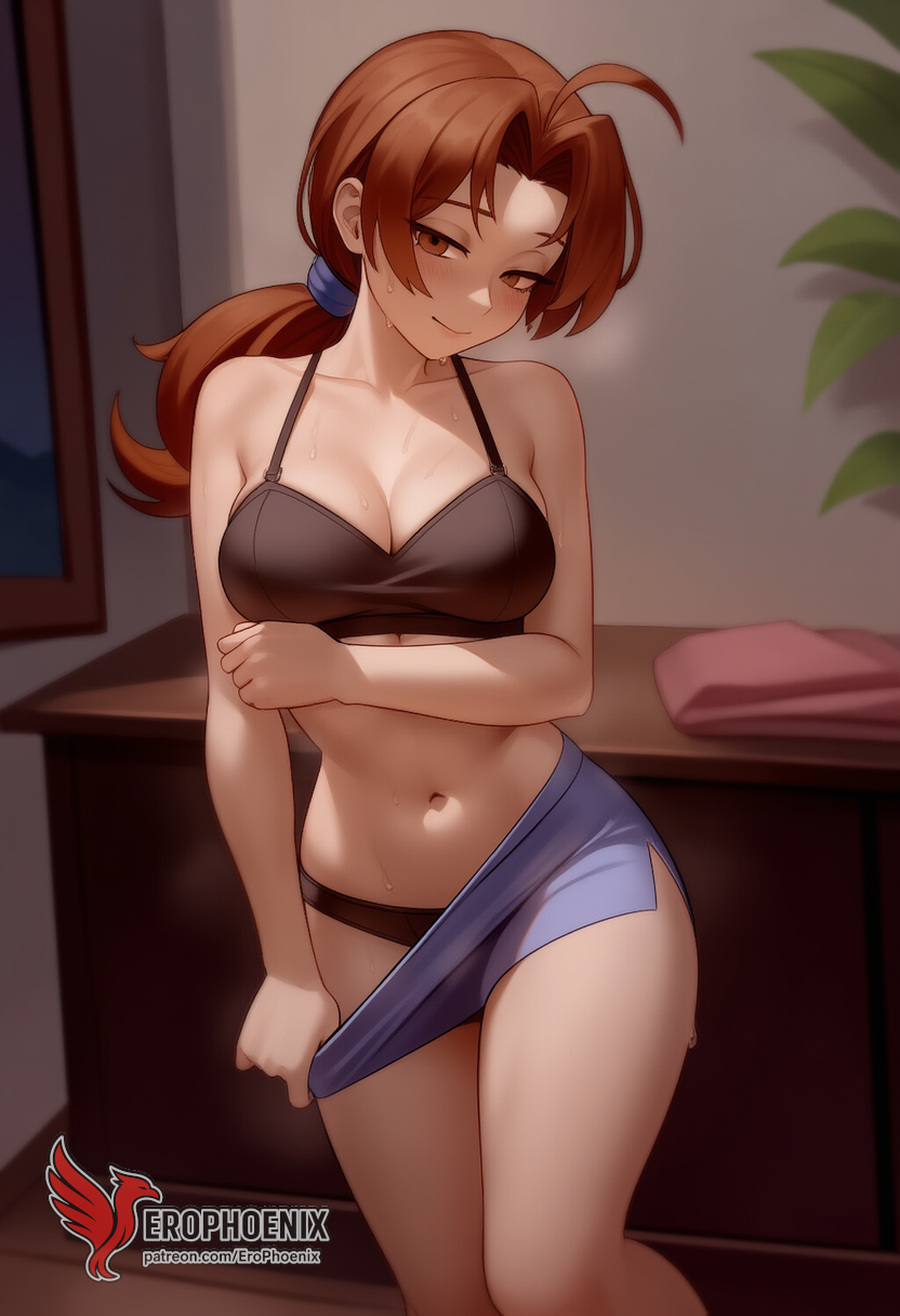 1girls 2d ai_generated ass barefeet big_ass big_breasts bra breasts brown_eyes brown_hair cleavage delia_ketchum_(pokemon) erophoenix feet female female_focus full_body looking_at_viewer looking_back low_ponytail milf nintendo older_woman open_clothes pale_skinned_female patreon_username pokemon smile soles solo solo_female sweat thick thick_thighs toes uncensored underwear undressing voluptuous