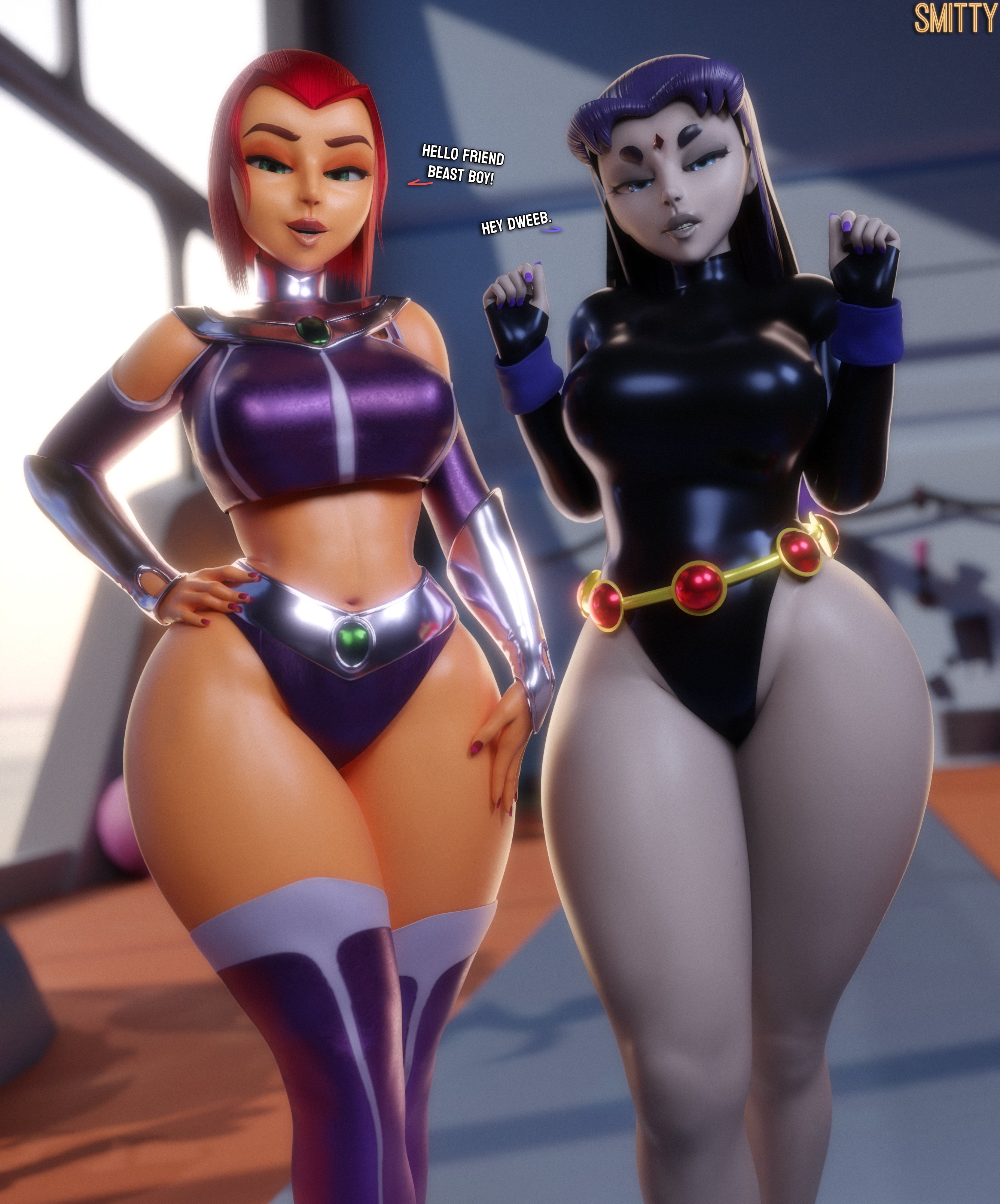 2girls, 3d, alien, alien girl, alien humanoid, alternate self, alternate universe, arms, ass, beast boy, breasts, bust, busty, character name, chest, clothing, curvaceous, curvy, curvy body, curvy female, curvy figure, dark skin, dc, dc comics, demon, demon girl, digital media (artwork), eyelashes, female, female focus, female only, forehead jewel, garfield logan, half demon, hands, hero, heroine, highres, hips, hourglass figure, huge breasts, human, koriand'r, large breasts, legs, light skin, light-skinned female, long hair, mature, mature female, multiple females, multiple girls, nonsexual, orange skin, orange-skinned female, painted nails, pale skin, pale-skinned female, perfect legs, plump, purple hair, rachel roth, raven (dc), red hair, role reversal, short hair, signature, slim waist, smitty34, starfire, stomach, teen titans, text, thick, thick hips, thick legs, thick thighs, thighs, voluptuous, voluptuous female, waist, wide hips, wide thighs
