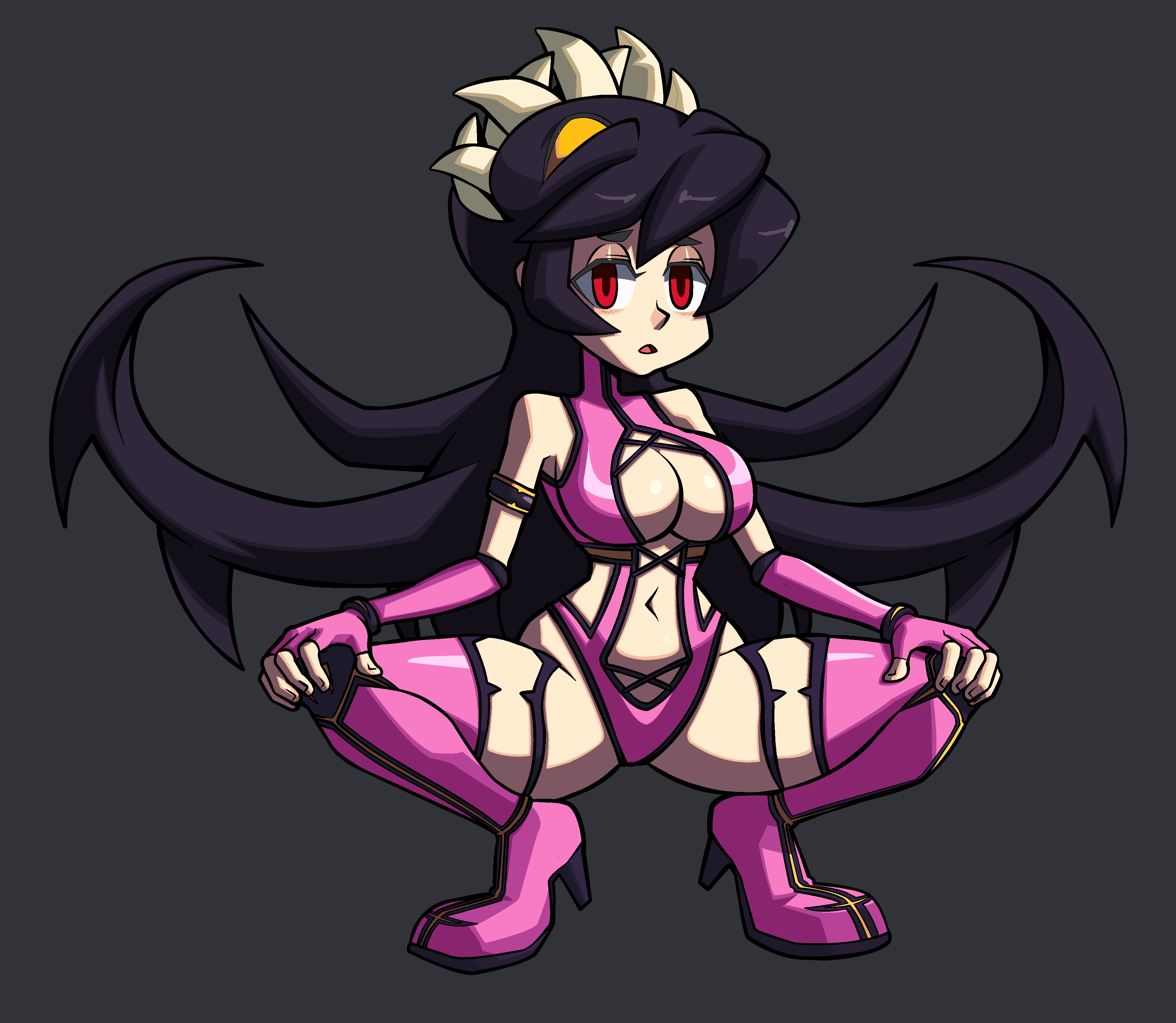1girls, cosplay, female, filia (skullgirls), mileena, mileena (cosplay), mileena (mk9), mortal kombat, mortal kombat (2011), niboonskull, red eyes, samson (skullgirls), skimpy costume, skullgirls, solo, solo female, solo focus, squatting, squatting female, tagme