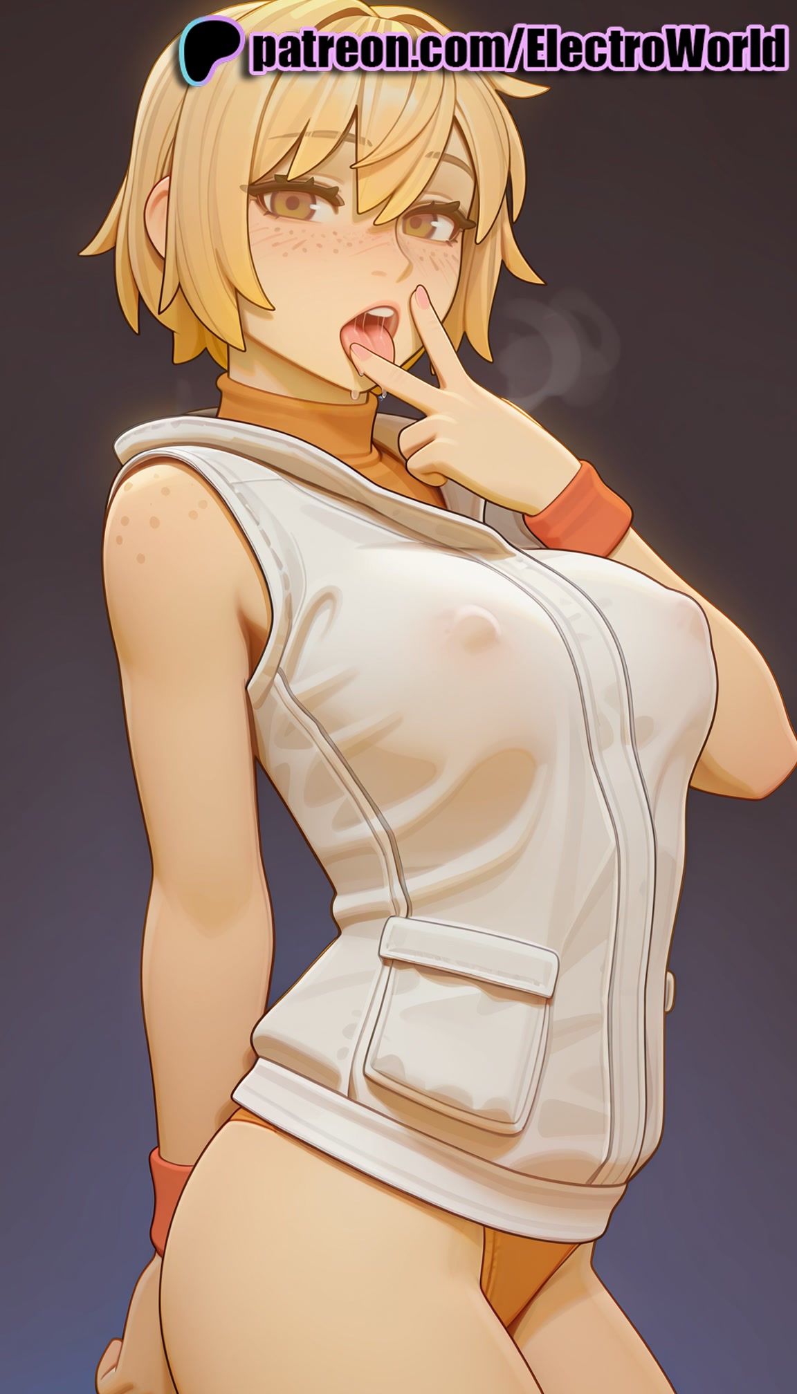 1girls, 2025, ai generated, artist name, blonde hair, breasts, bust, chest, covered nipples, electroworld, female, freckles, heather mason, hi res, high quality, high resolution, highres, looking at viewer, patreon, patreon username, see-through, short hair, silent hill, solo, stable diffusion, tongue, tongue out, watermark