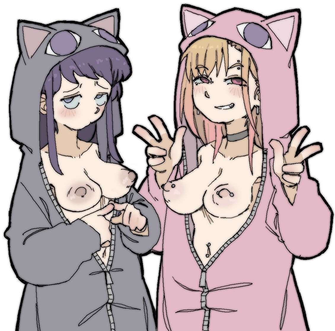 2025, 2girls, animal ears, animal hood, animal onesie, areolae, armpits, bangs, belly button, blonde hair, blush, breasts, breasts out, cat ears, cat hood, choker, clothed, clothed female, clothing, crossover, duo, dyed hair, ear piercing, earrings, embarrassed, eyebrow piercing, female, female only, front view, gesture, grin, gyaru, hair, hood, hood up, human, human only, kitagawa marin, komi shouko, komi-san wa komyushou desu, light skin, light-skinned female, long hair, looking at viewer, medium breasts, multicolored hair, multiple females, multiple girls, navel, navel piercing, nipple piercing, nipples, onesie, open clothes, pantsu ripper, partially clothed, peace sign, piercing, pink eyes, pink hair, pose, posing, puffy areola, puffy nipples, purple eyes, purple hair, shy, simple background, smile, smiling, smiling at viewer, smirk, sono bisque doll wa koi wo suru, standing, stomach, teeth, two-tone hair, unzipped, v, white background